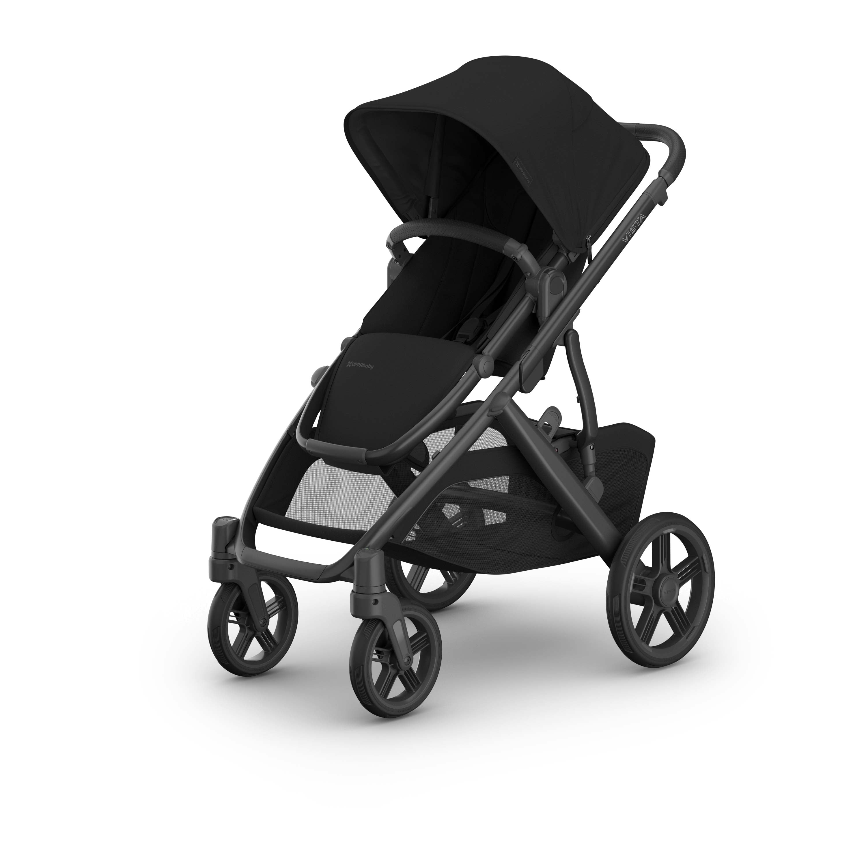 Black Uppababy Vista V3 stroller on a white background