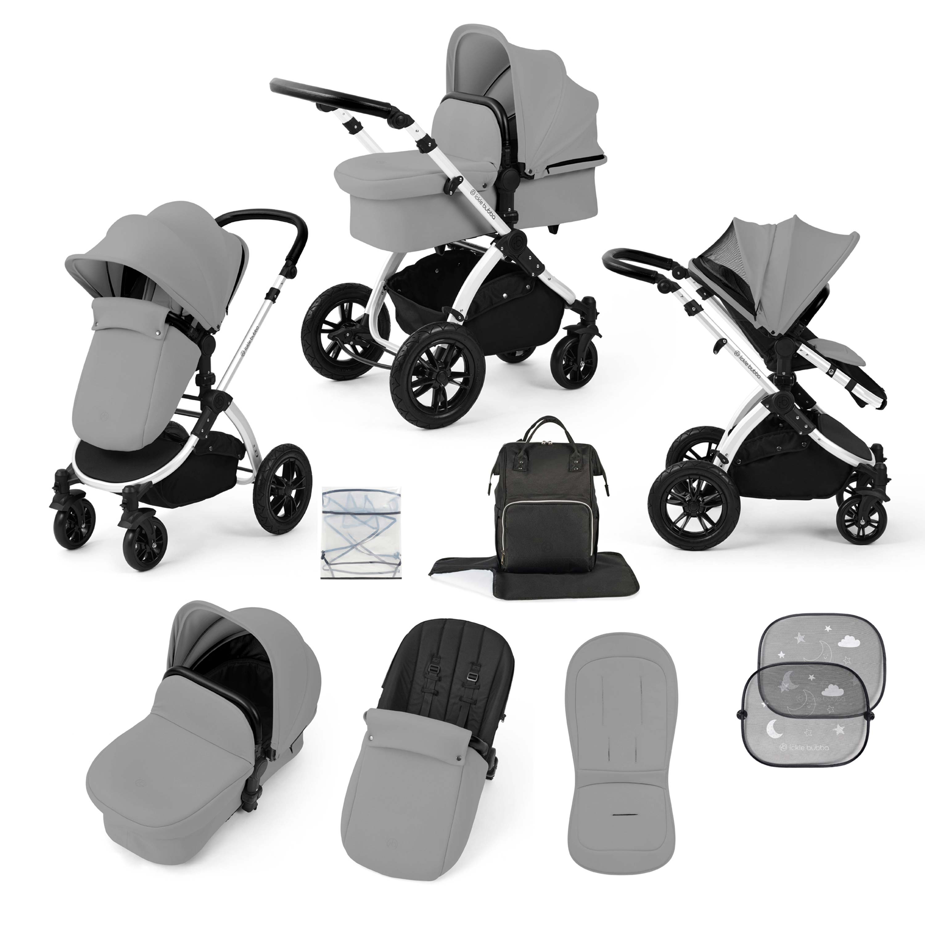 Ickle Bubba Stomp Luxe 9 Piece Pram Pearl Grey