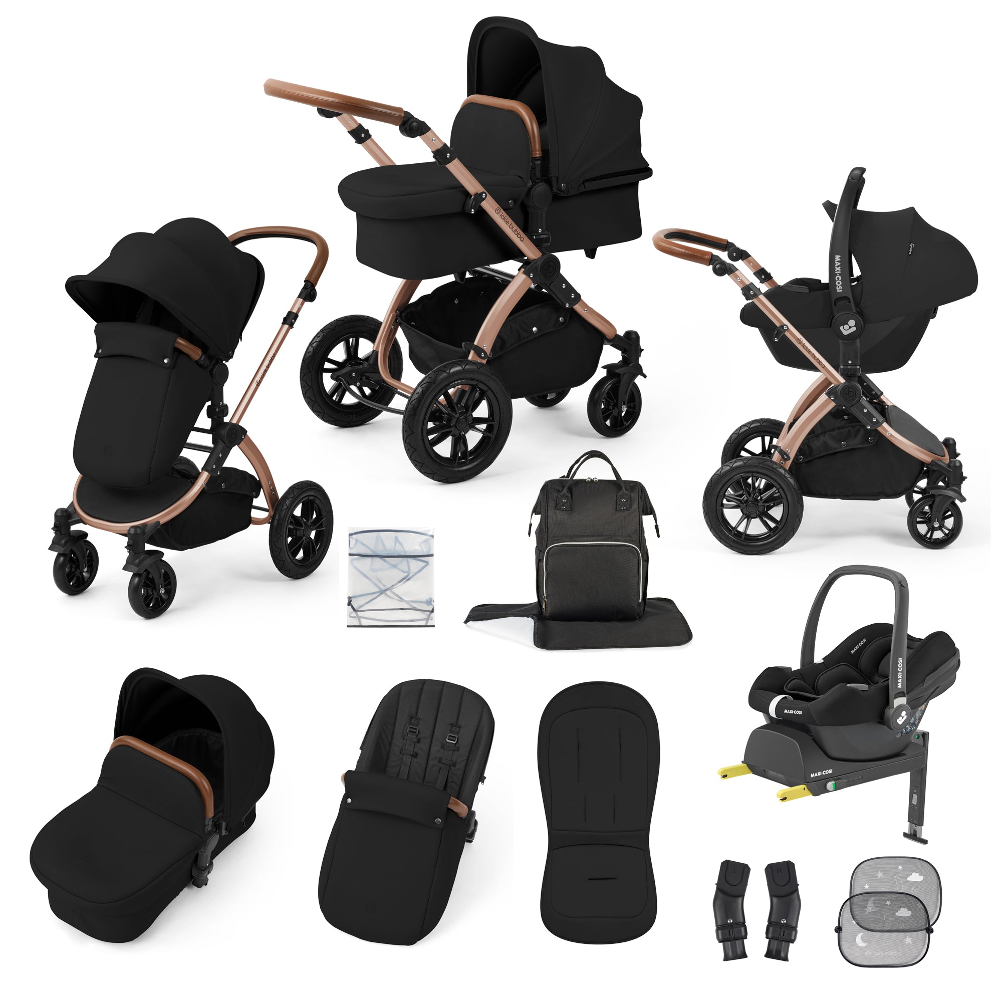 Ickle Bubba Stomp Luxe Travel System Bundle | Maxi-Cosi Cabriofix i-Size Car Seat & Isofix Base | Midnight Black