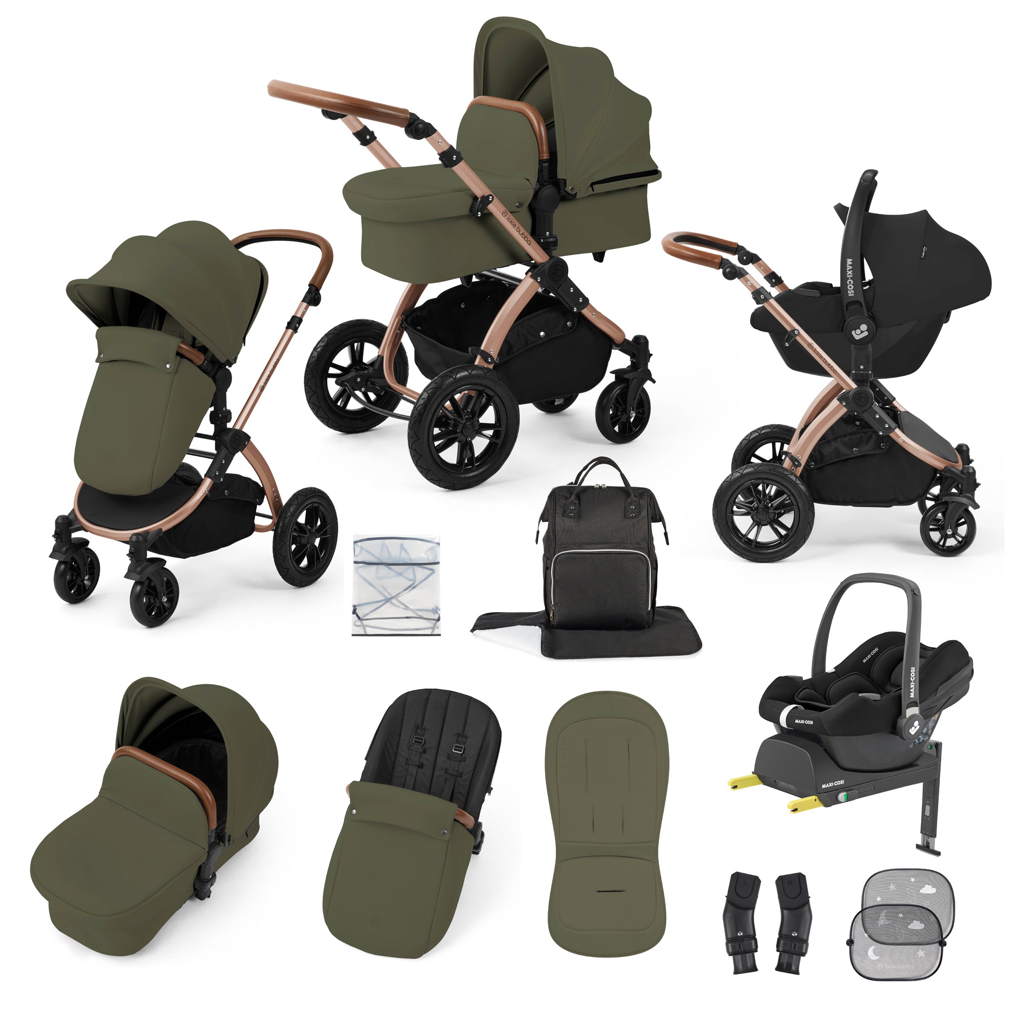 Ickle Bubba Stomp Luxe Travel System Bundle | Maxi-Cosi Cabriofix i-Size Car Seat & Isofix Base | Woodland