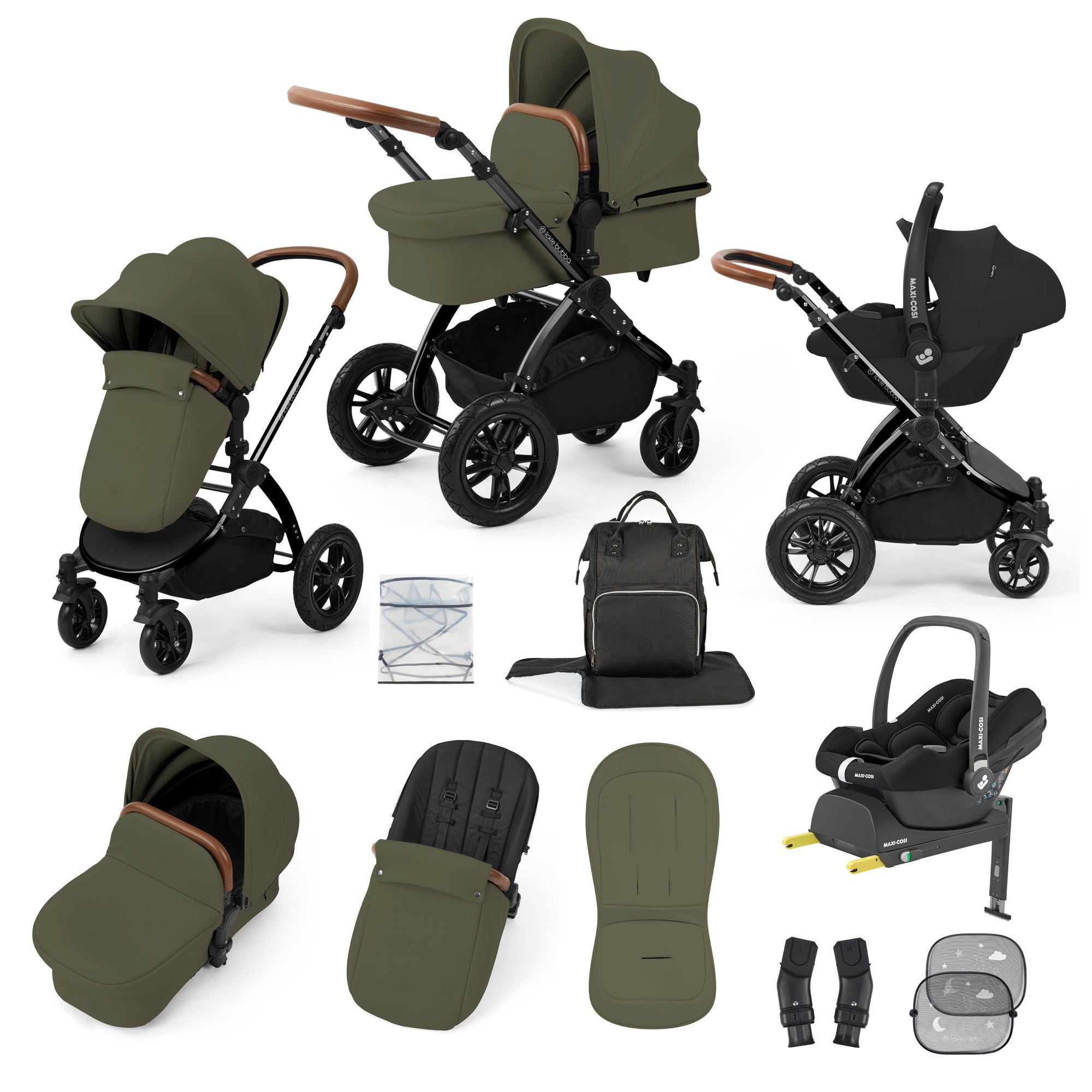 Ickle Bubba Stomp Luxe Travel System Bundle | Maxi-Cosi Cabriofix i-Size Car Seat & Isofix Base | Woodland