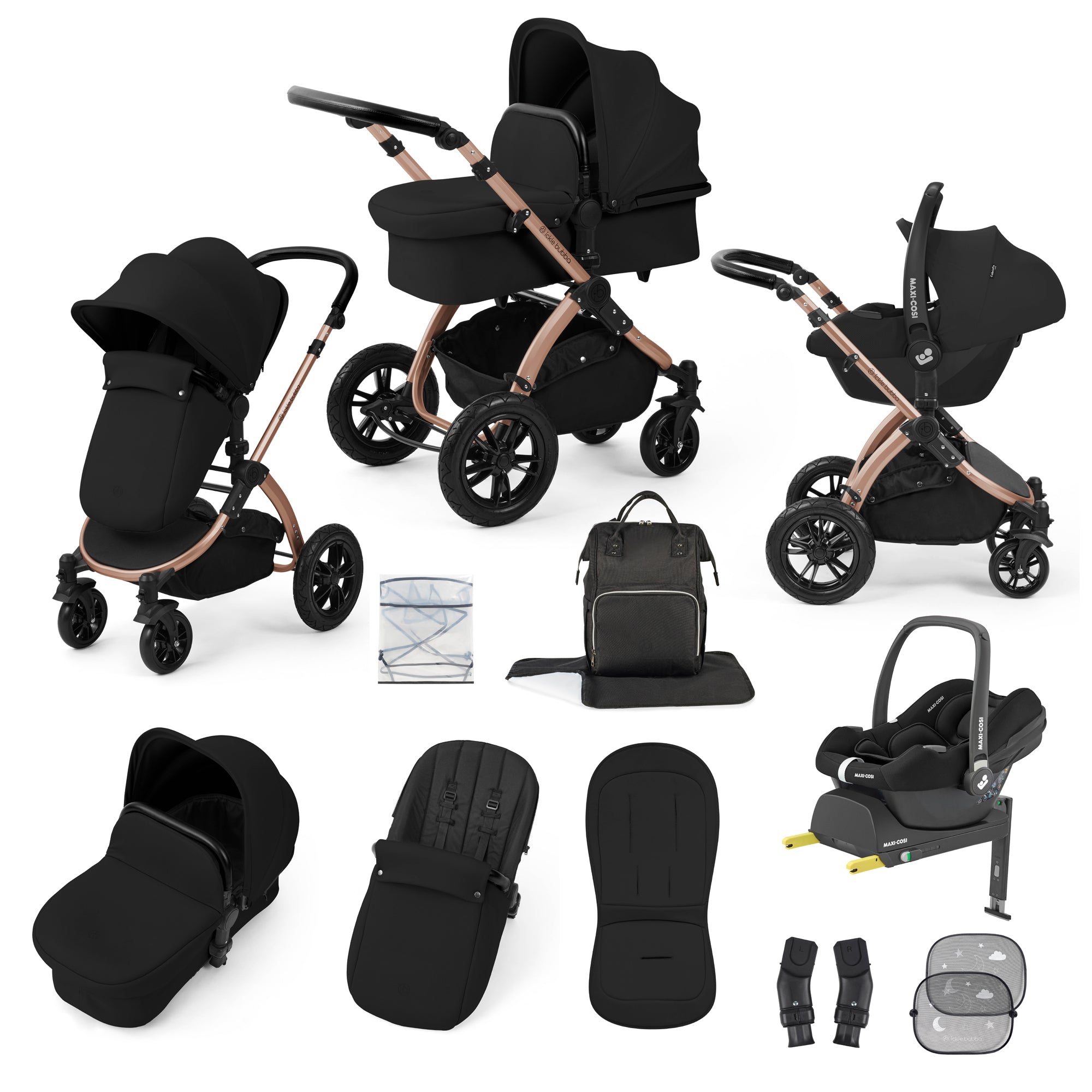 Ickle Bubba Stomp Luxe Travel System Bundle | Maxi-Cosi Cabriofix i-Size Car Seat & Isofix Base | Midnight Black