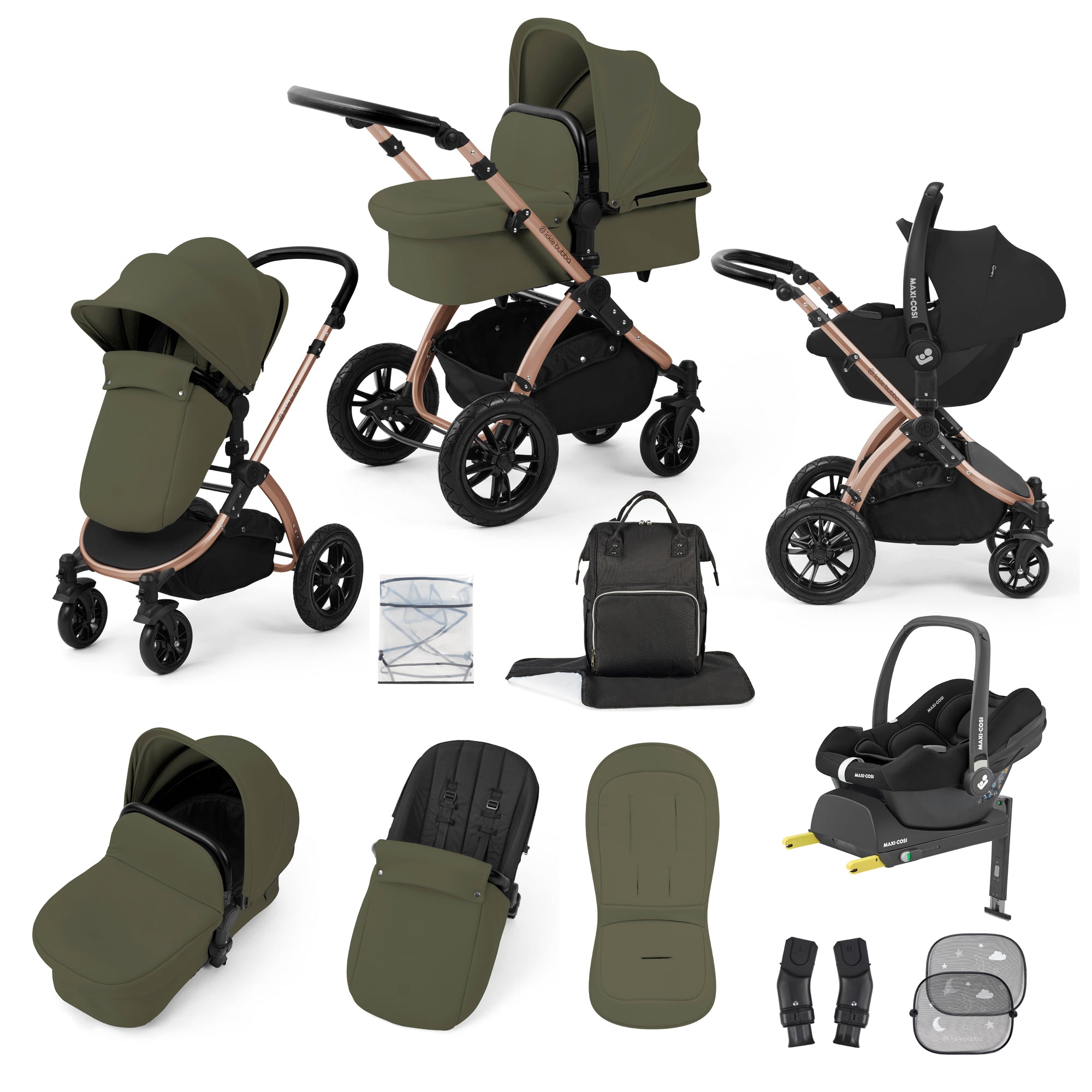 Ickle Bubba Stomp Luxe Travel System Bundle | Maxi-Cosi Cabriofix i-Size Car Seat & Isofix Base | Woodland