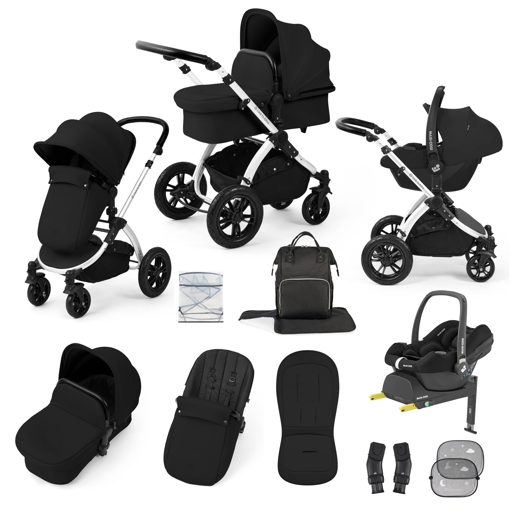 Ickle Bubba Stomp Luxe Travel System Bundle | Maxi-Cosi Cabriofix i-Size Car Seat & Isofix Base | Midnight Black
