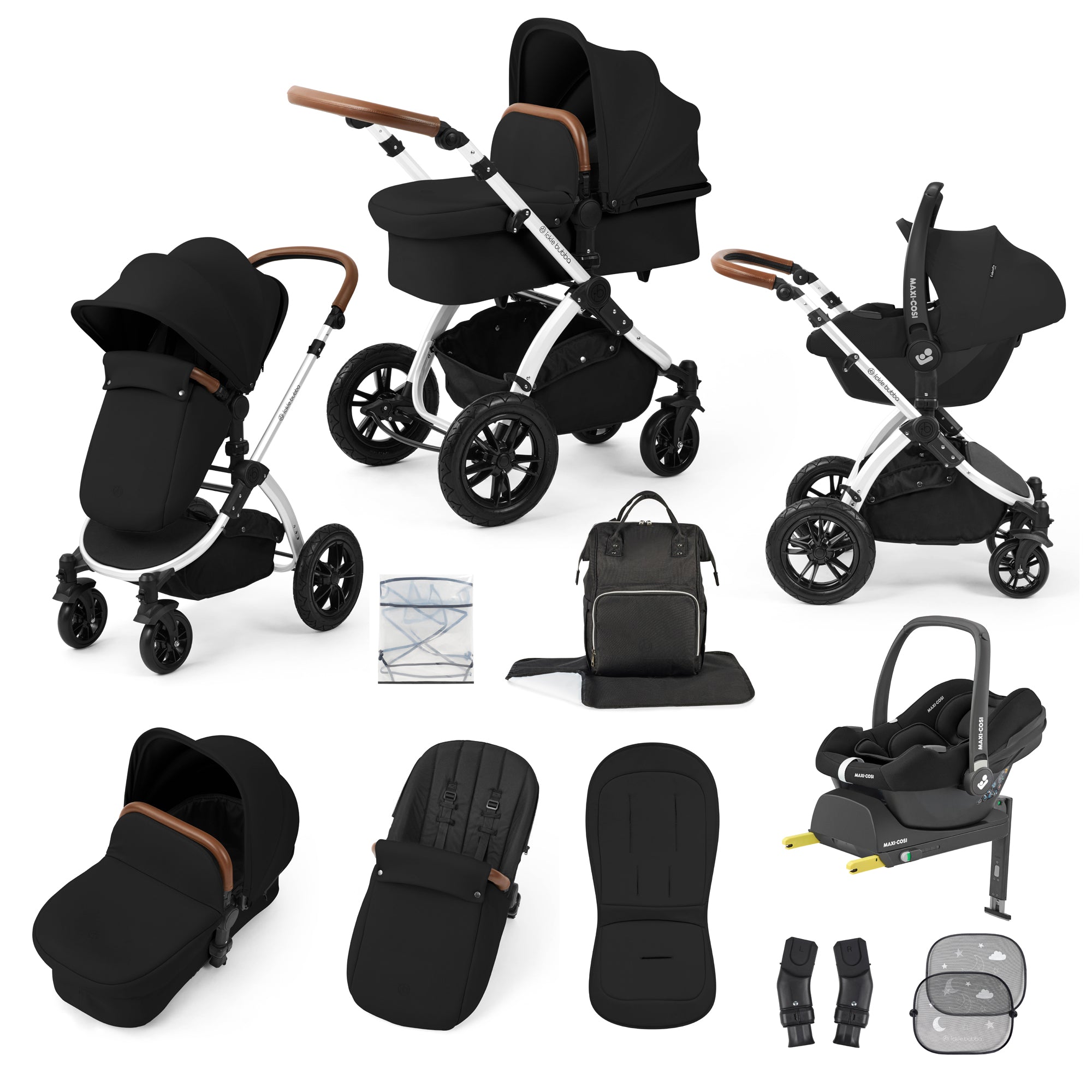 Ickle Bubba Stomp Luxe Travel System Bundle | Maxi-Cosi Cabriofix i-Size Car Seat & Isofix Base | Midnight Black