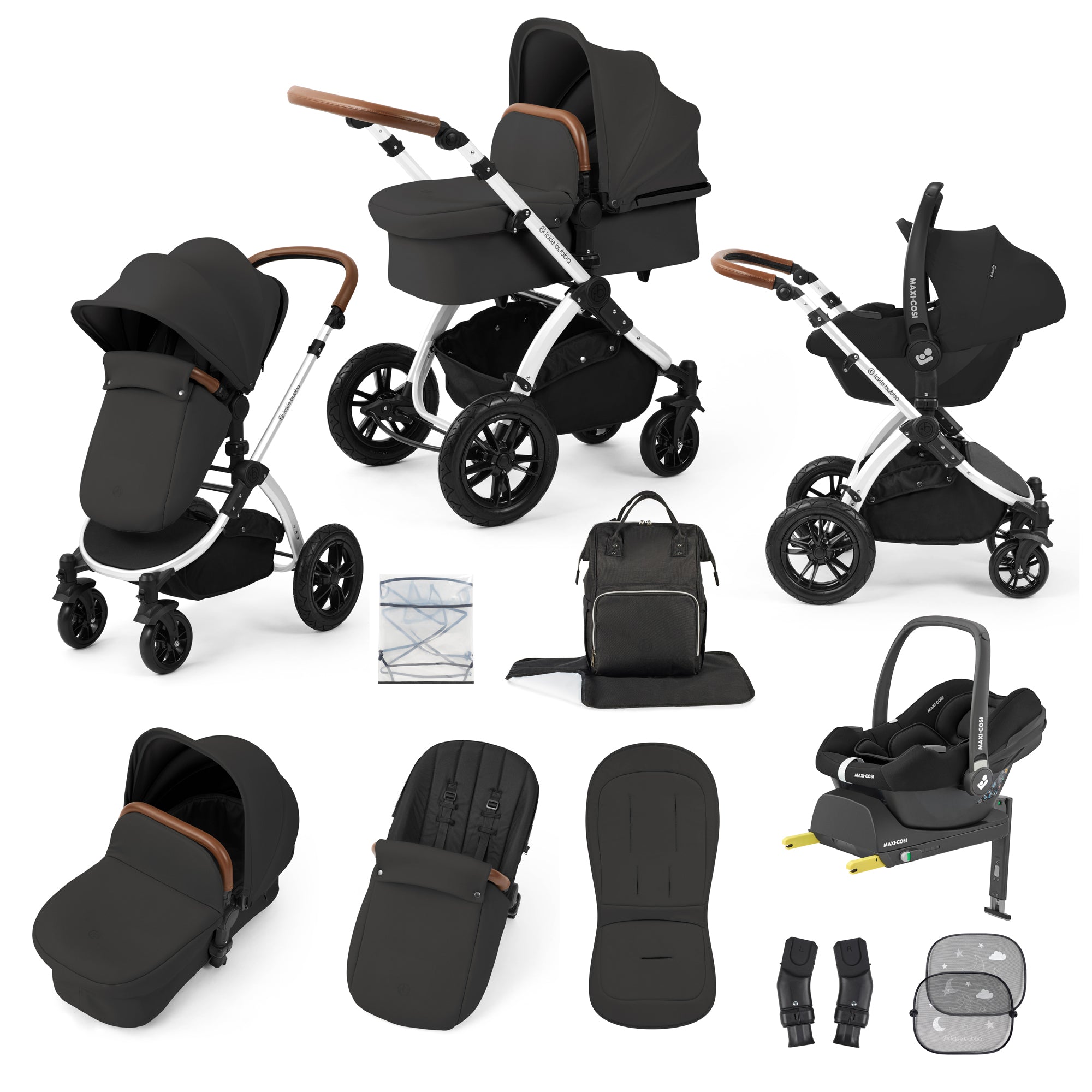 Ickle Bubba Stomp Luxe Travel System Bundle | Maxi-Cosi Cabriofix i-Size Car Seat & Isofix Base | Charcoal Grey