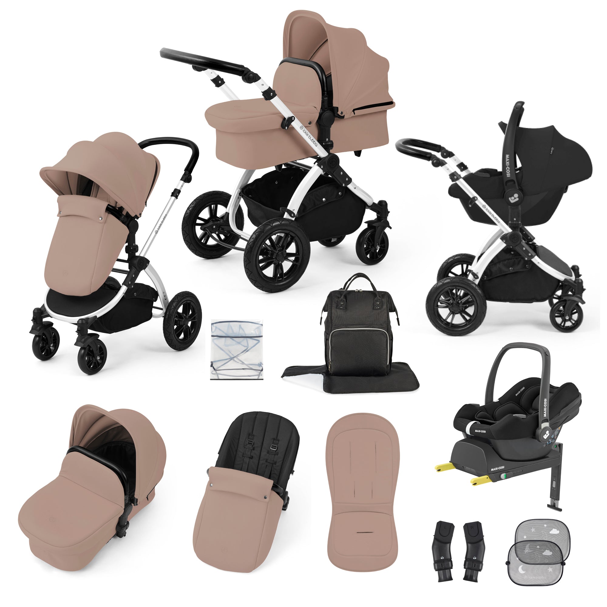 Ickle Bubba Stomp Luxe Travel System Bundle | Maxi-Cosi Cabriofix i-Size Car Seat & Isofix Base | Desert