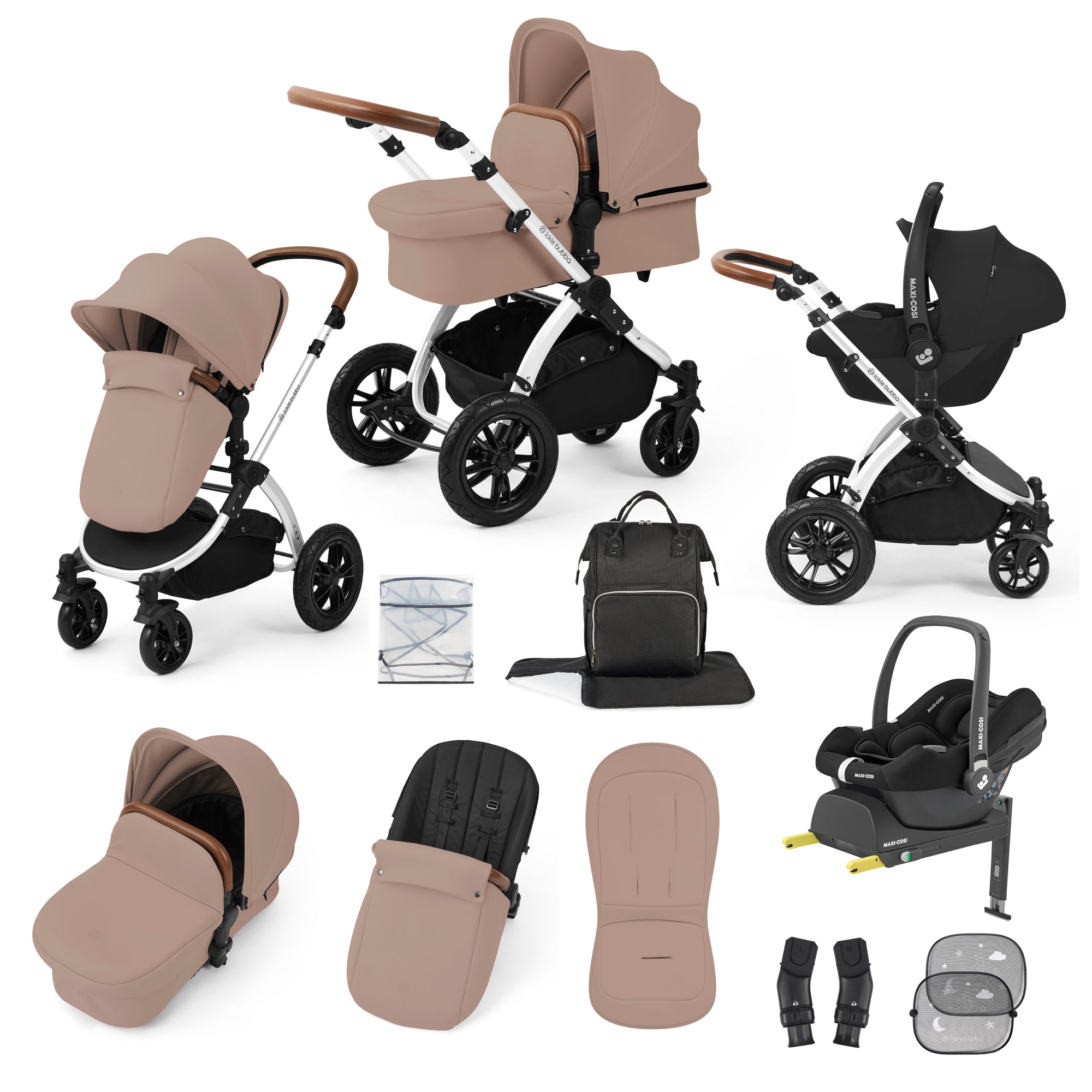 Ickle Bubba Stomp Luxe Travel System Bundle | Maxi-Cosi Cabriofix i-Size Car Seat & Isofix Base | Desert