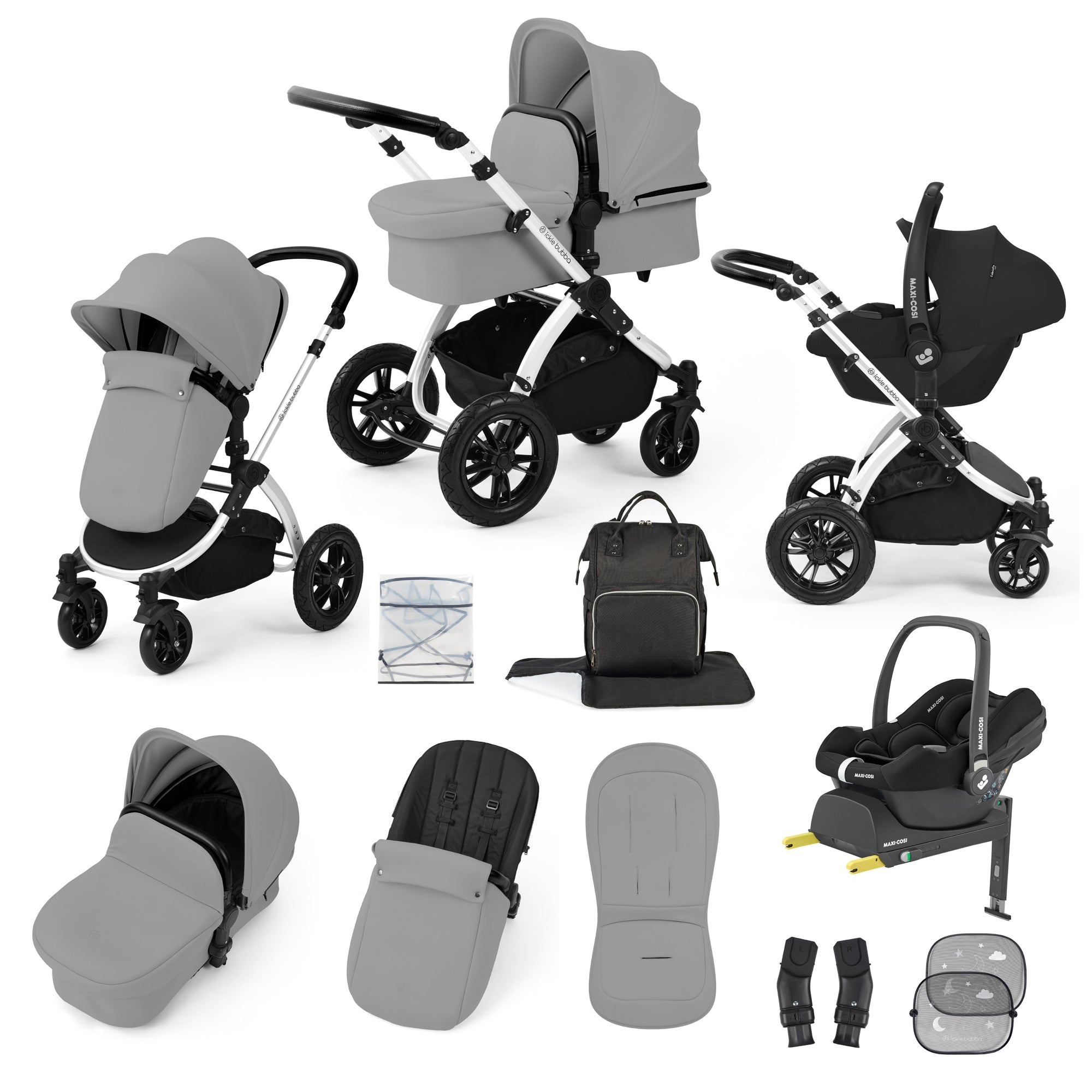 Ickle Bubba Stomp Luxe Travel System Bundle | Maxi-Cosi Cabriofix i-Size Car Seat & Isofix Base | Pearl Grey
