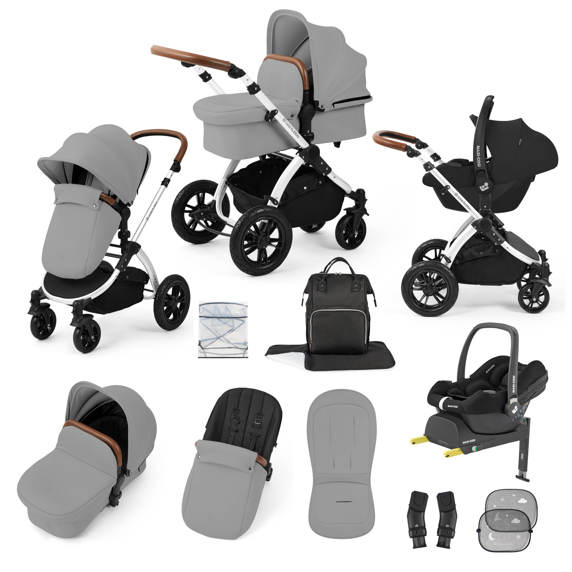 Ickle Bubba Stomp Luxe Travel System Bundle | Maxi-Cosi Cabriofix i-Size Car Seat & Isofix Base | Pearl Grey