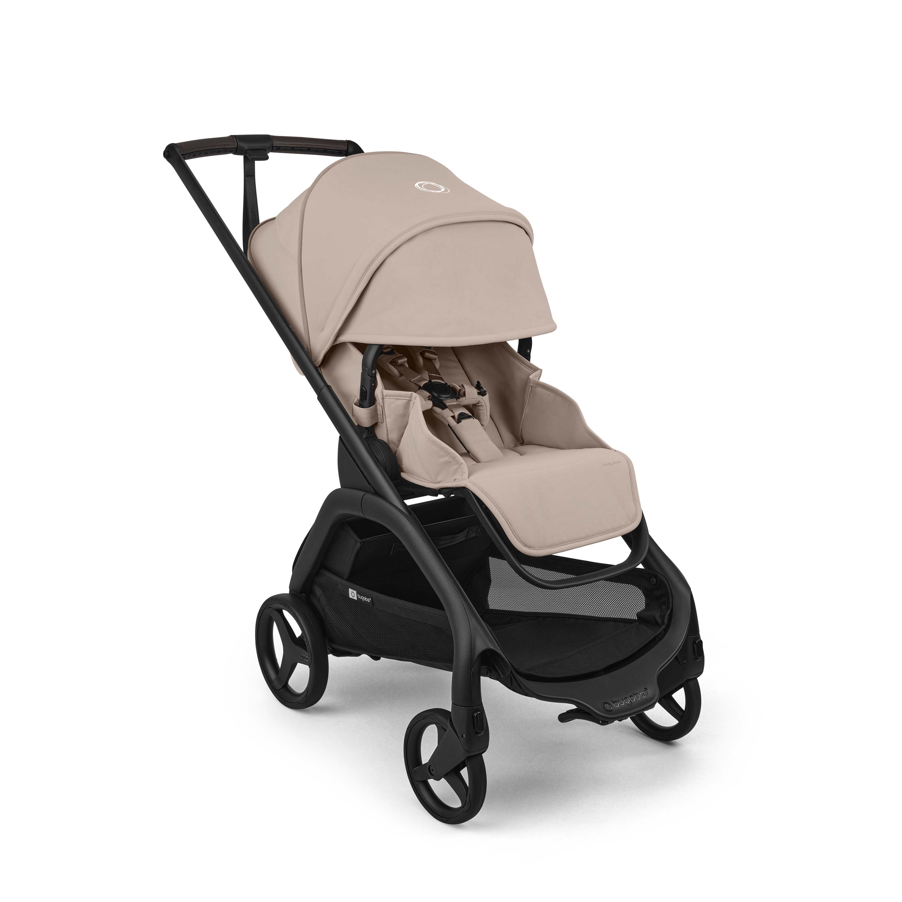 Bugaboo Dragonfly Plus Stroller in Desert Taupe with extended canopy and black chassis on a white background