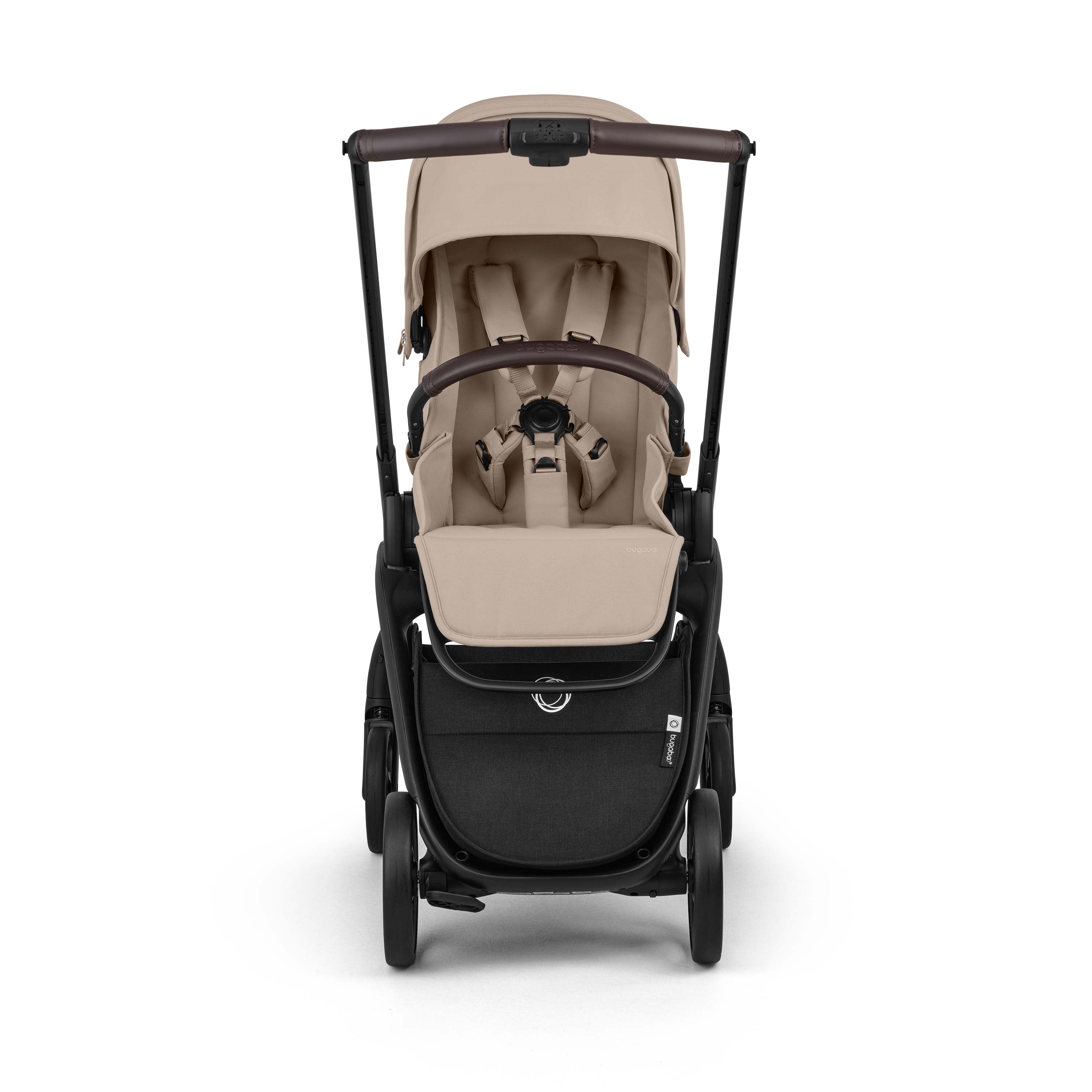 Bugaboo Dragonfly Plus Stroller front shot parent facing in Desert Taupe and black chassis on a white background