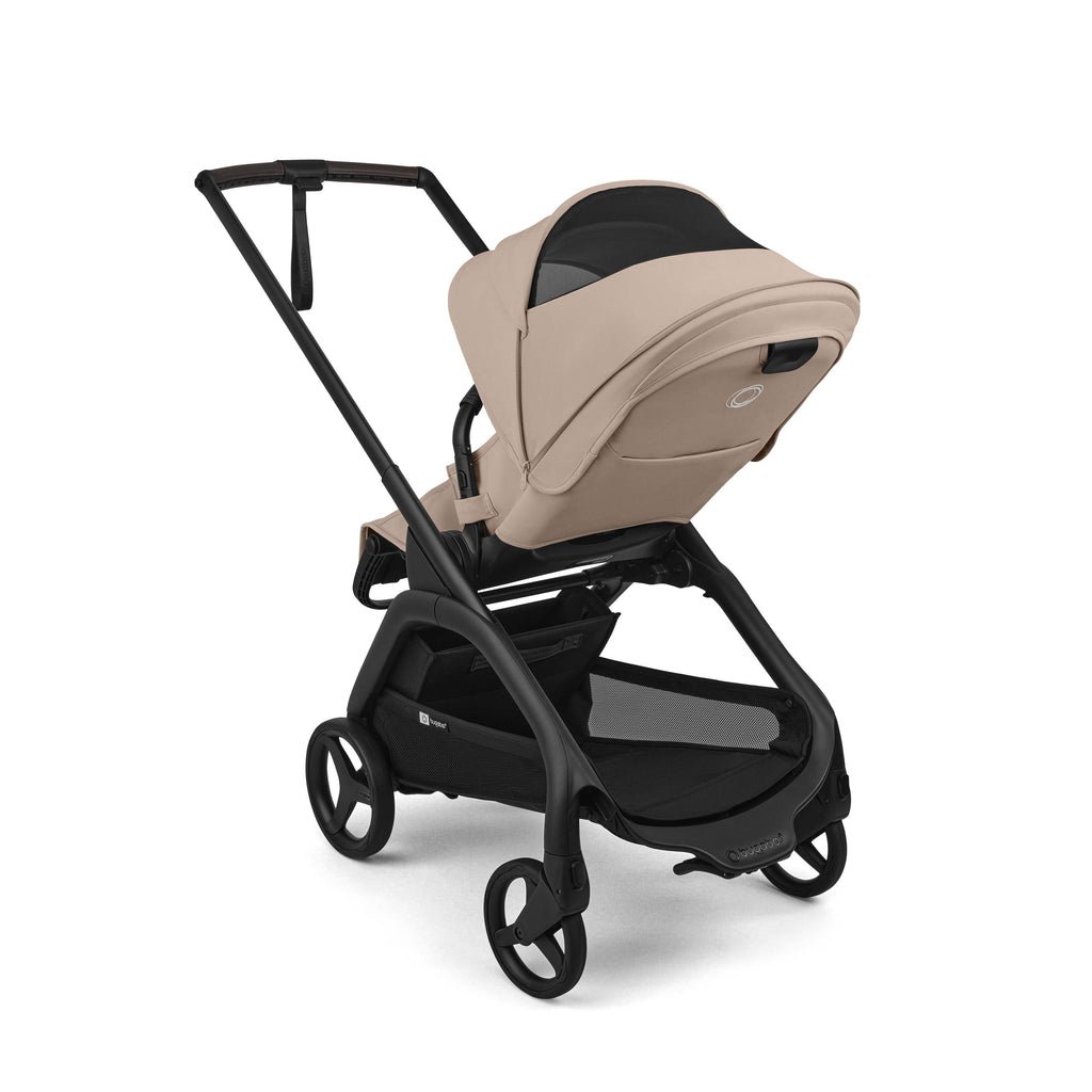 Bugaboo Dragonfly Plus Stroller rear shot with mesh window in Desert Taupe and black chassis on a white background