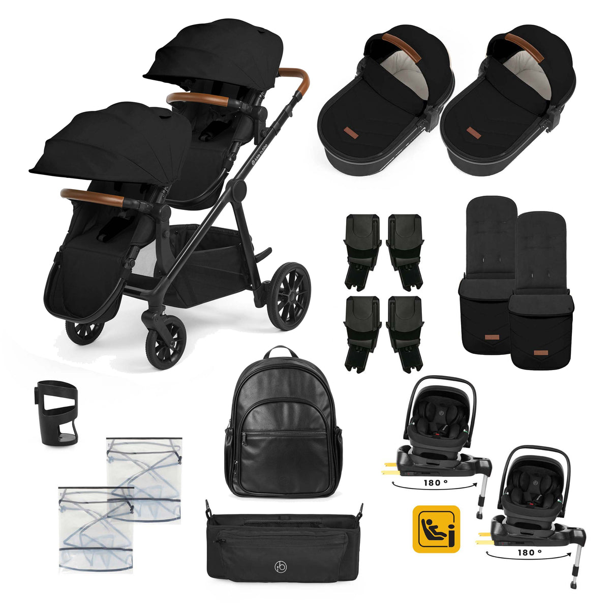 Ickle Bubba Virgo Twin 18 Piece Travel System with Nimbus & ISOFIX Bases – Black