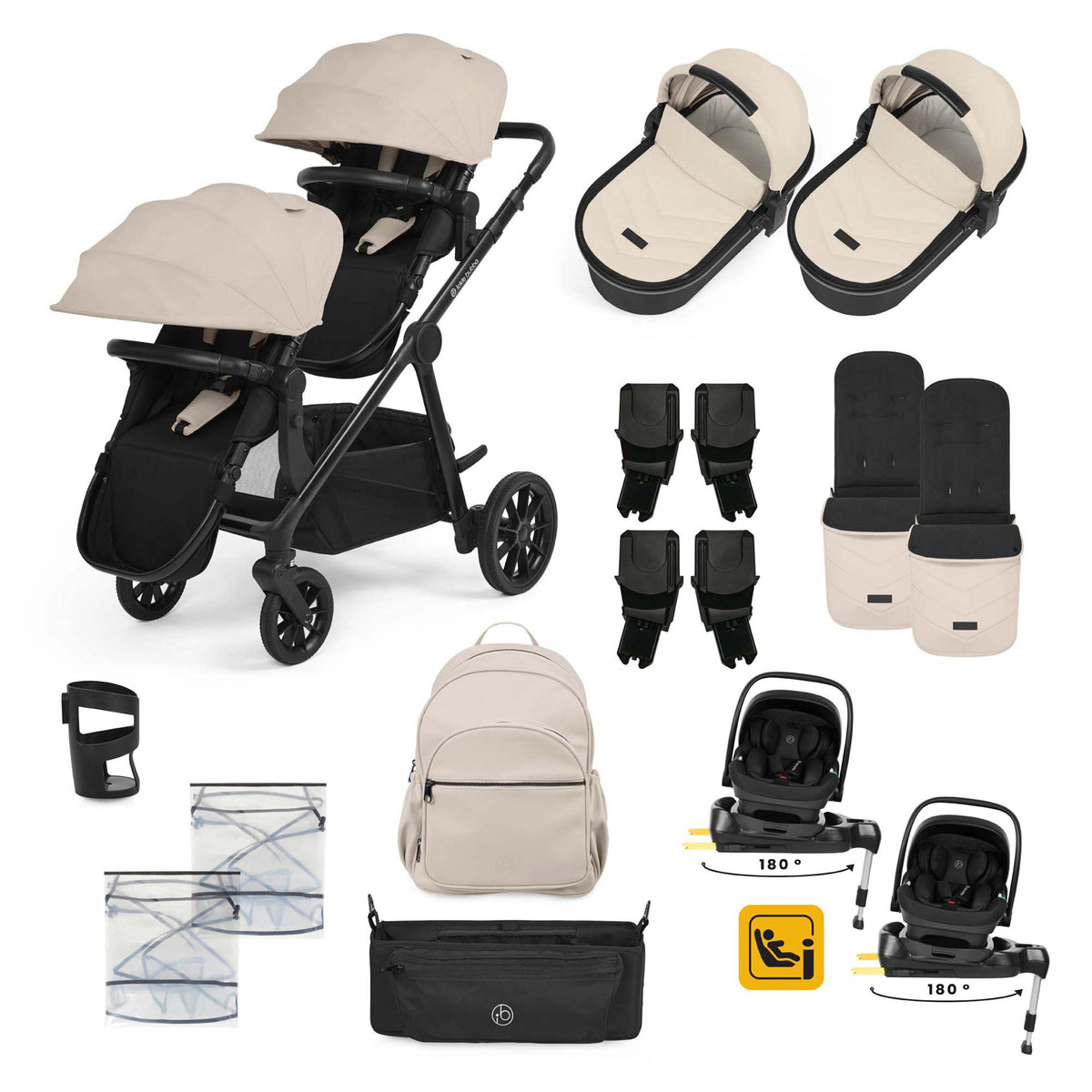 Ickle Bubba Virgo Twin 18 Piece Travel System with Nimbus & ISOFIX Bases – Stone