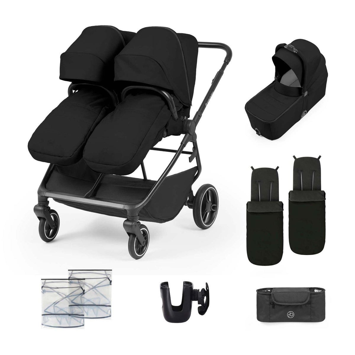 A black double stroller travel system set displayed on a clean white background, including the stroller, bassinet, footmuff, diaper pail, seat cover, handlebar cover, and storage pouch.