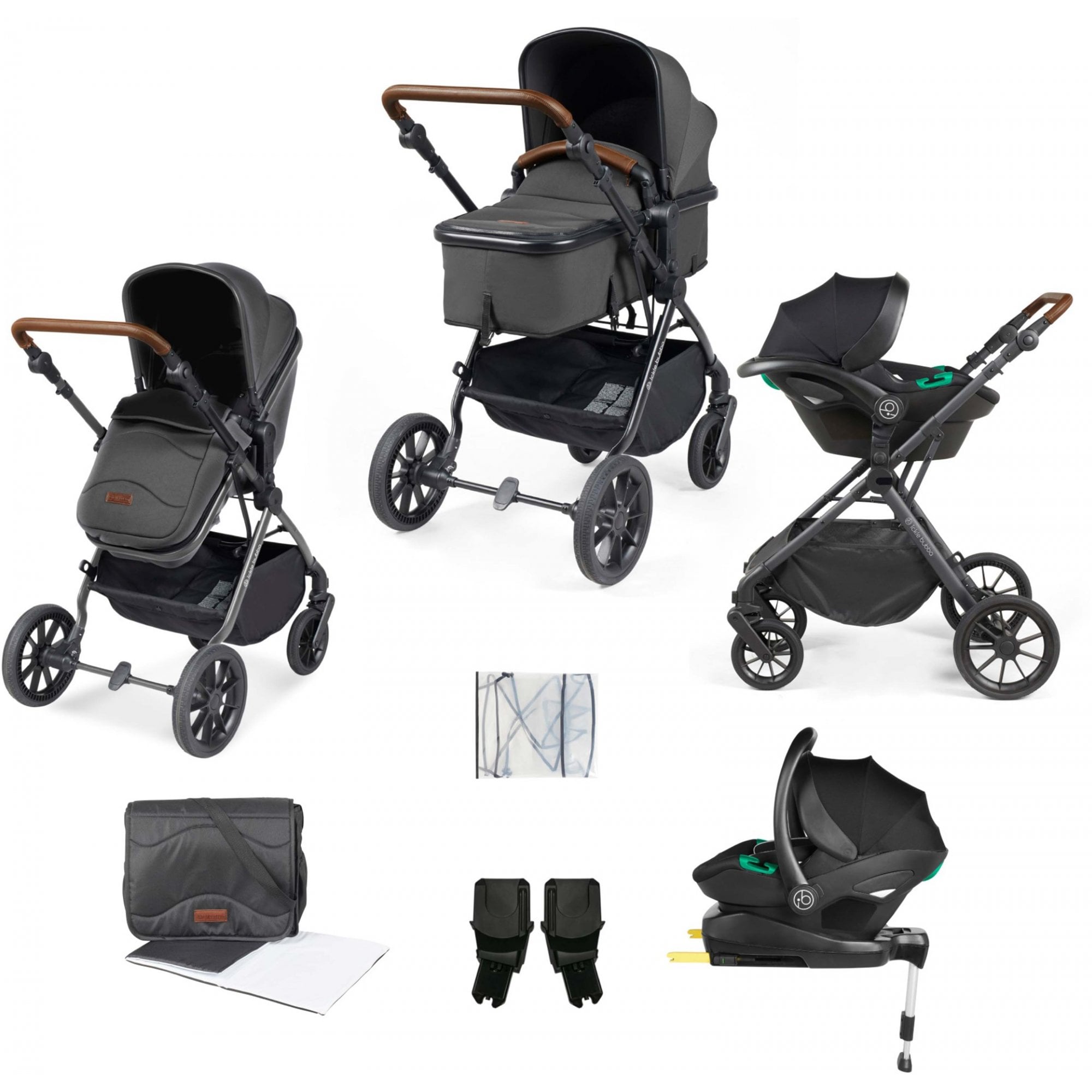Ickle Bubba Cosmo 9 Piece Travel System with i-Size Stratus Car Seat & ISOFIX Base Graphite Grey