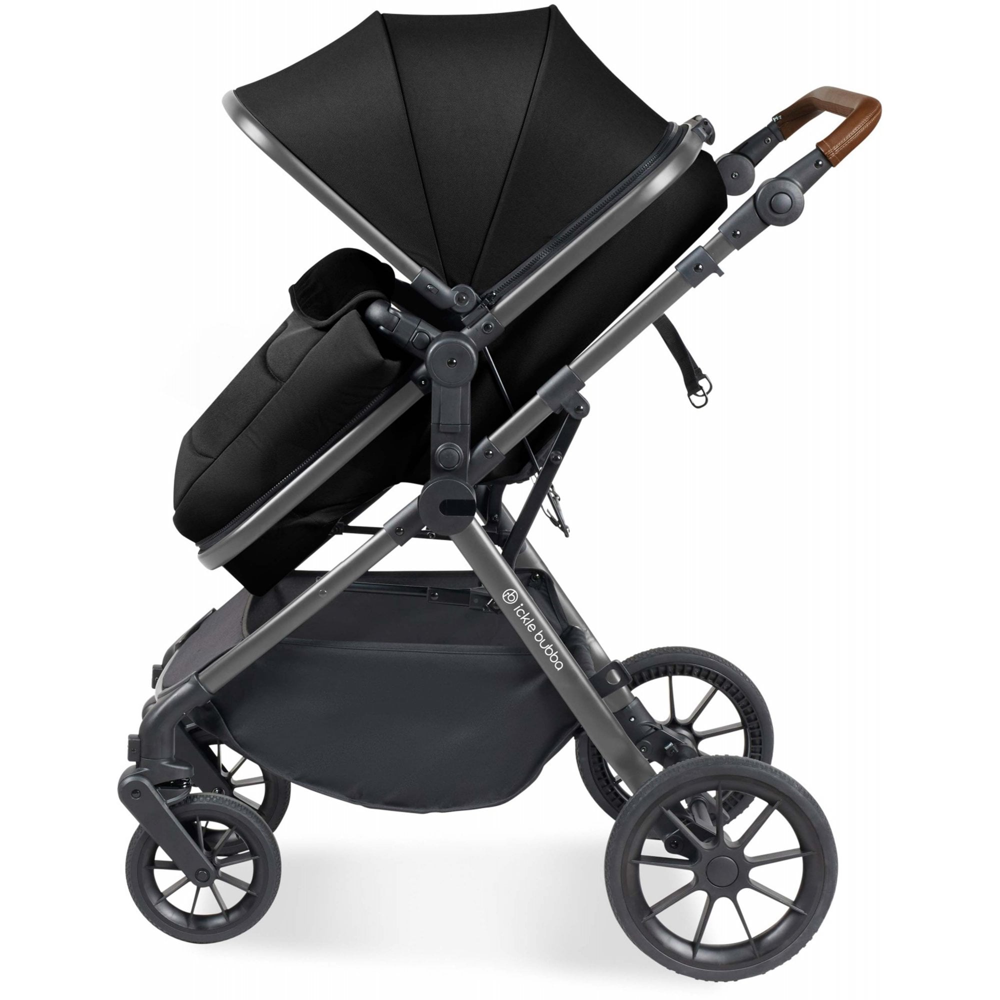 Ickle Bubba Cosmo 9 Piece Travel System + Nimbus i-Size Car Seat & Spin ISOFIX Base Black