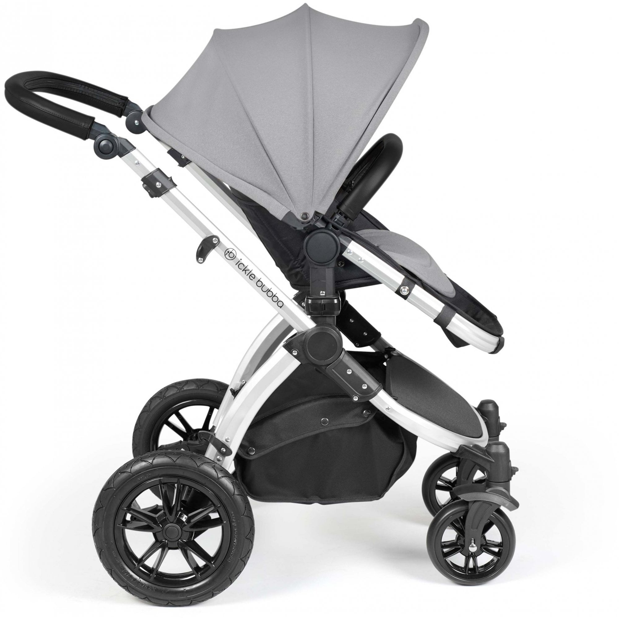 Ickle Bubba Stomp Luxe 12 Piece Travel System with i-Size Stratus Car Seat & ISOFIX Base Pearl Grey