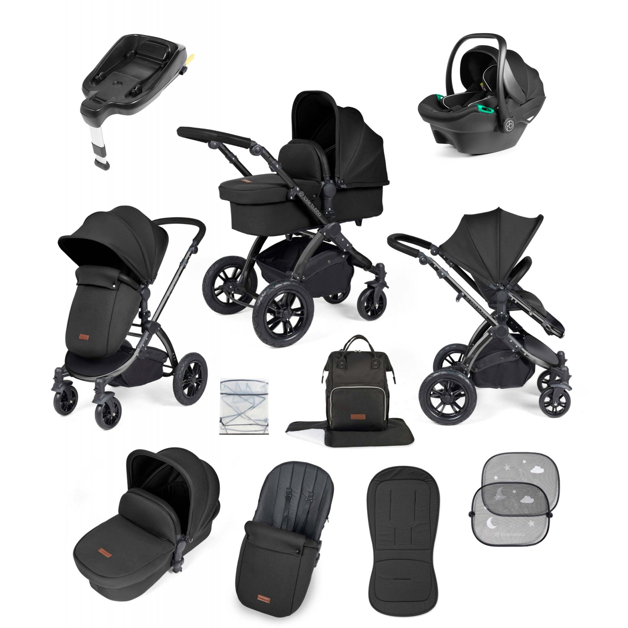 Ickle Bubba Stomp Luxe 12 Piece Travel System with i-Size Stratus Car Seat & ISOFIX Base Midnight