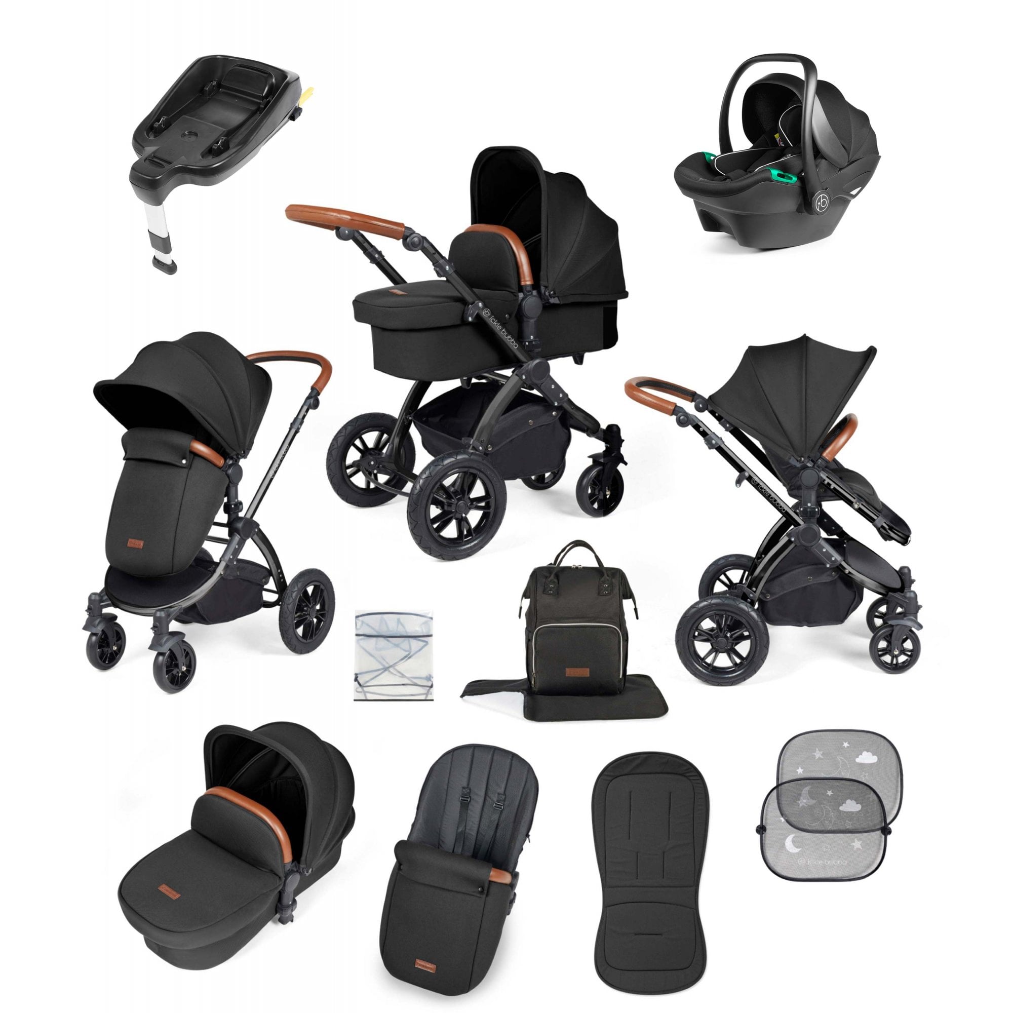 Ickle Bubba Stomp Luxe 12 Piece Travel System with i-Size Stratus Car Seat & ISOFIX Base Midnight