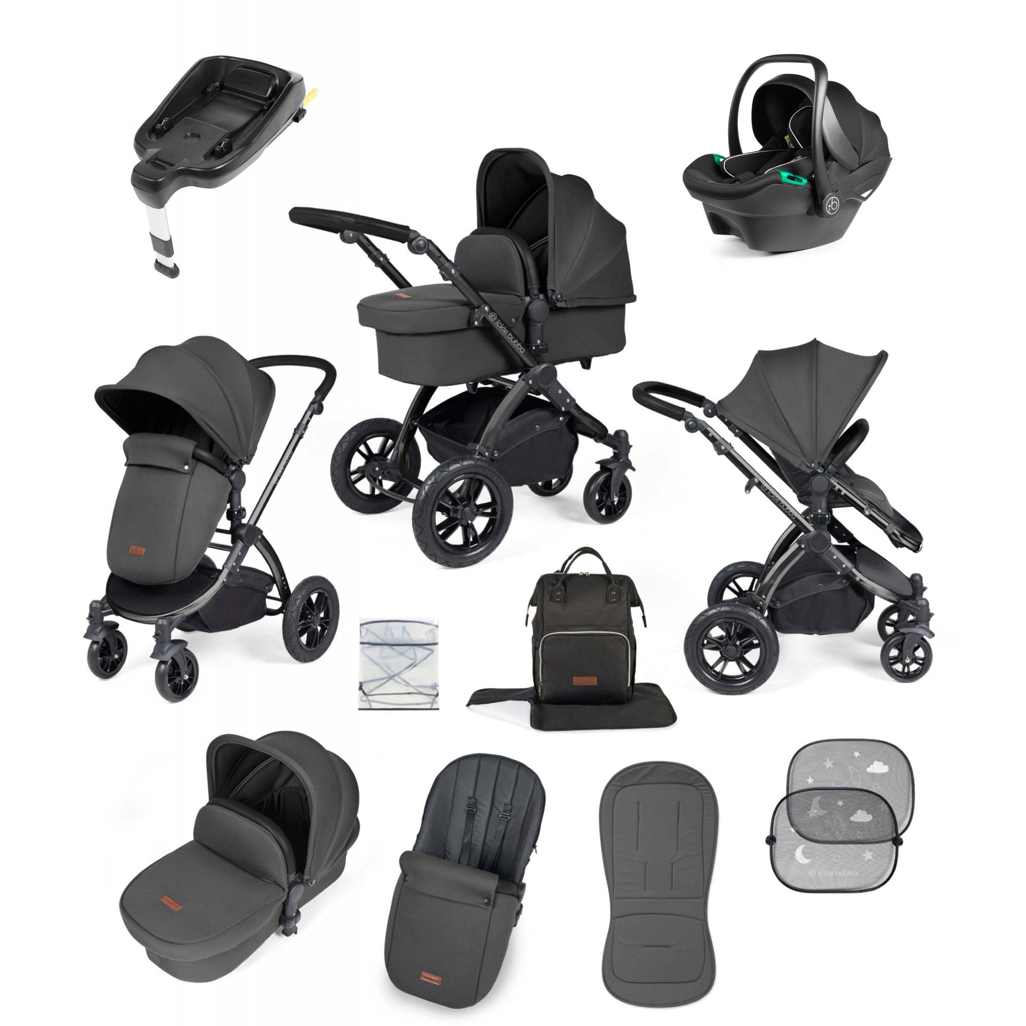 Ickle Bubba Stomp Luxe 12 Piece Travel System with i-Size Stratus Car Seat & ISOFIX Base Charcoal