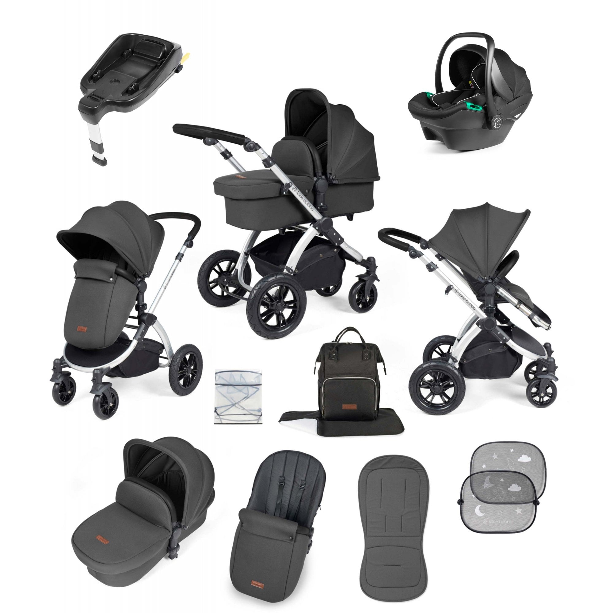 Ickle Bubba Stomp Luxe 12 Piece Travel System with i-Size Stratus Car Seat & ISOFIX Base Charcoal