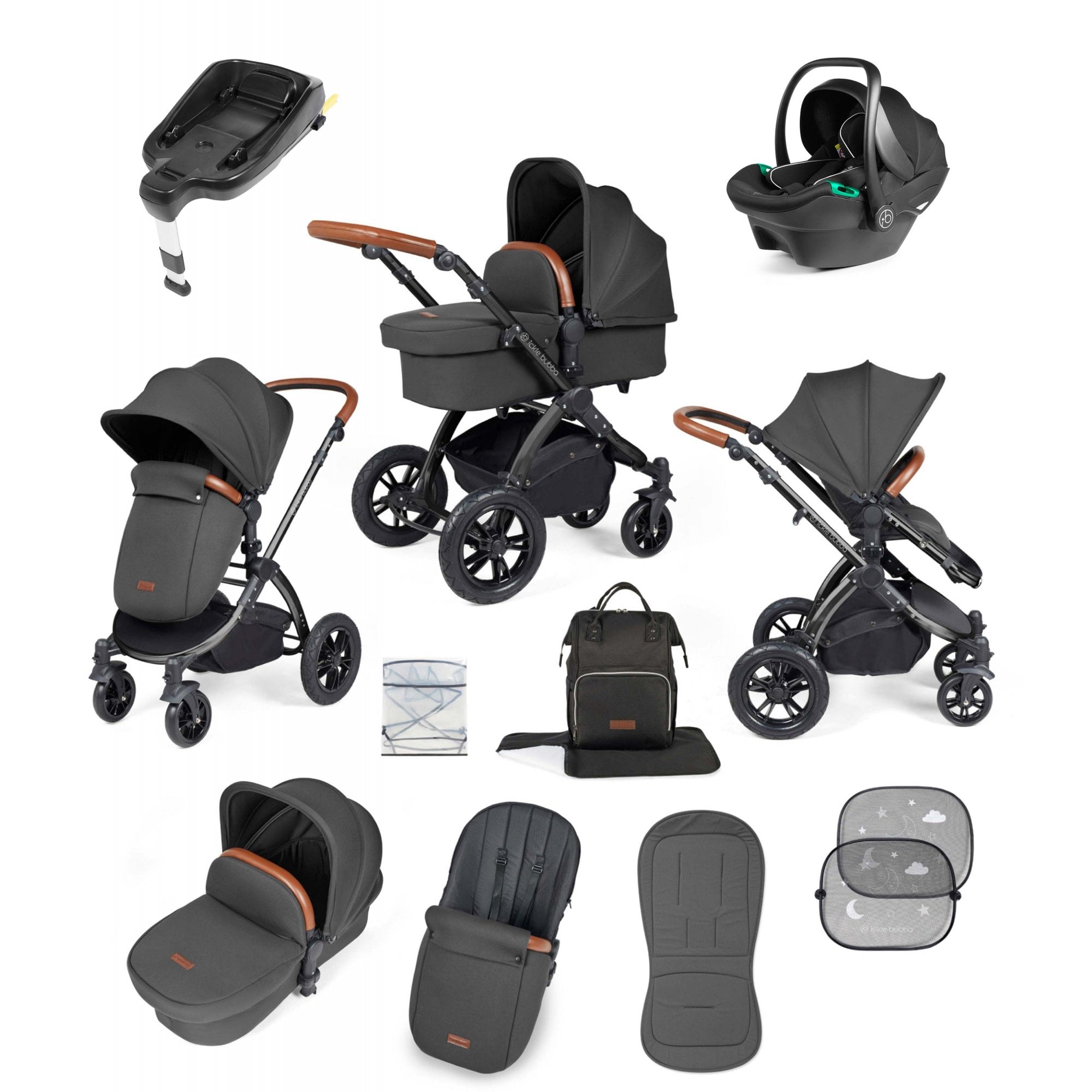 Ickle Bubba Stomp Luxe 12 Piece Travel System with i-Size Stratus Car Seat & ISOFIX Base Charcoal