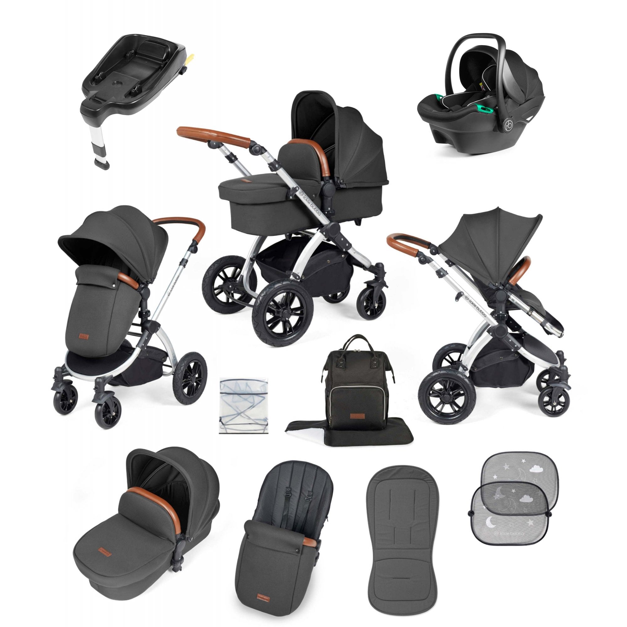 Ickle Bubba Stomp Luxe 12 Piece Travel System with i-Size Stratus Car Seat & ISOFIX Base Charcoal