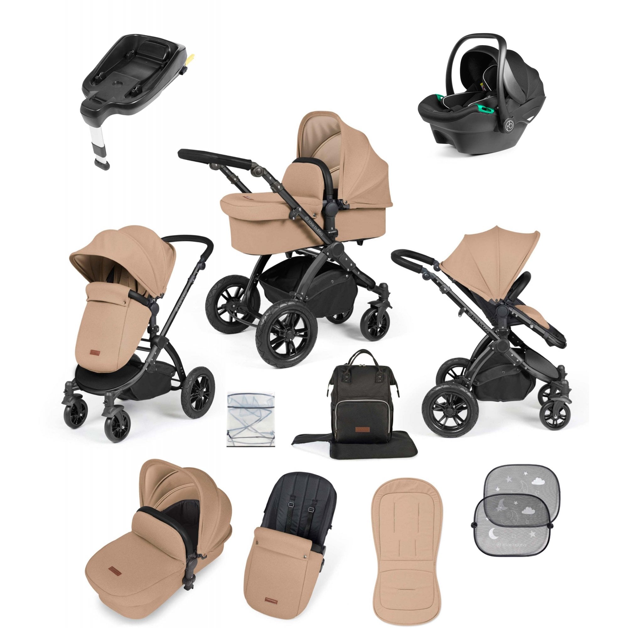 Ickle Bubba Stomp Luxe 12 Piece Travel System with i-Size Stratus Car Seat & ISOFIX Base Desert
