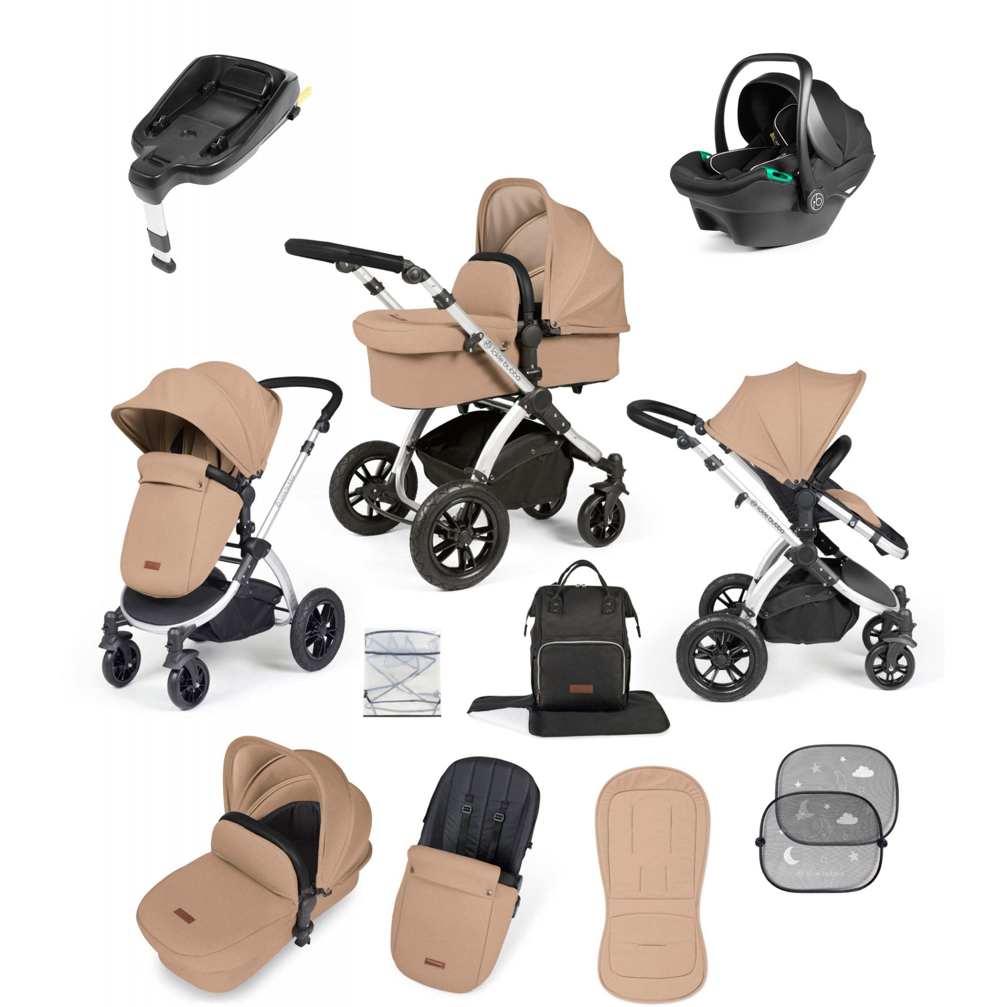 Ickle Bubba Stomp Luxe 12 Piece Travel System with i-Size Stratus Car Seat & ISOFIX Base Desert
