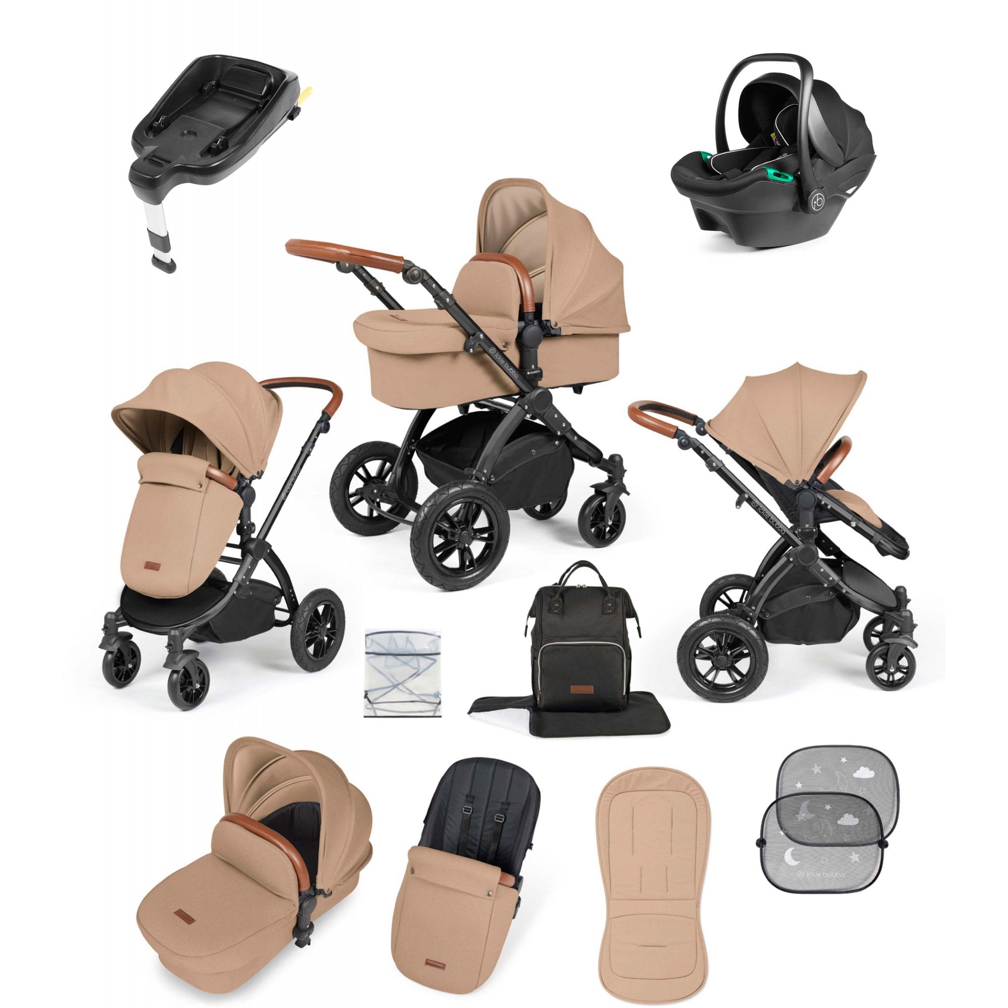 Ickle Bubba Stomp Luxe 12 Piece Travel System with i-Size Stratus Car Seat & ISOFIX Base Desert