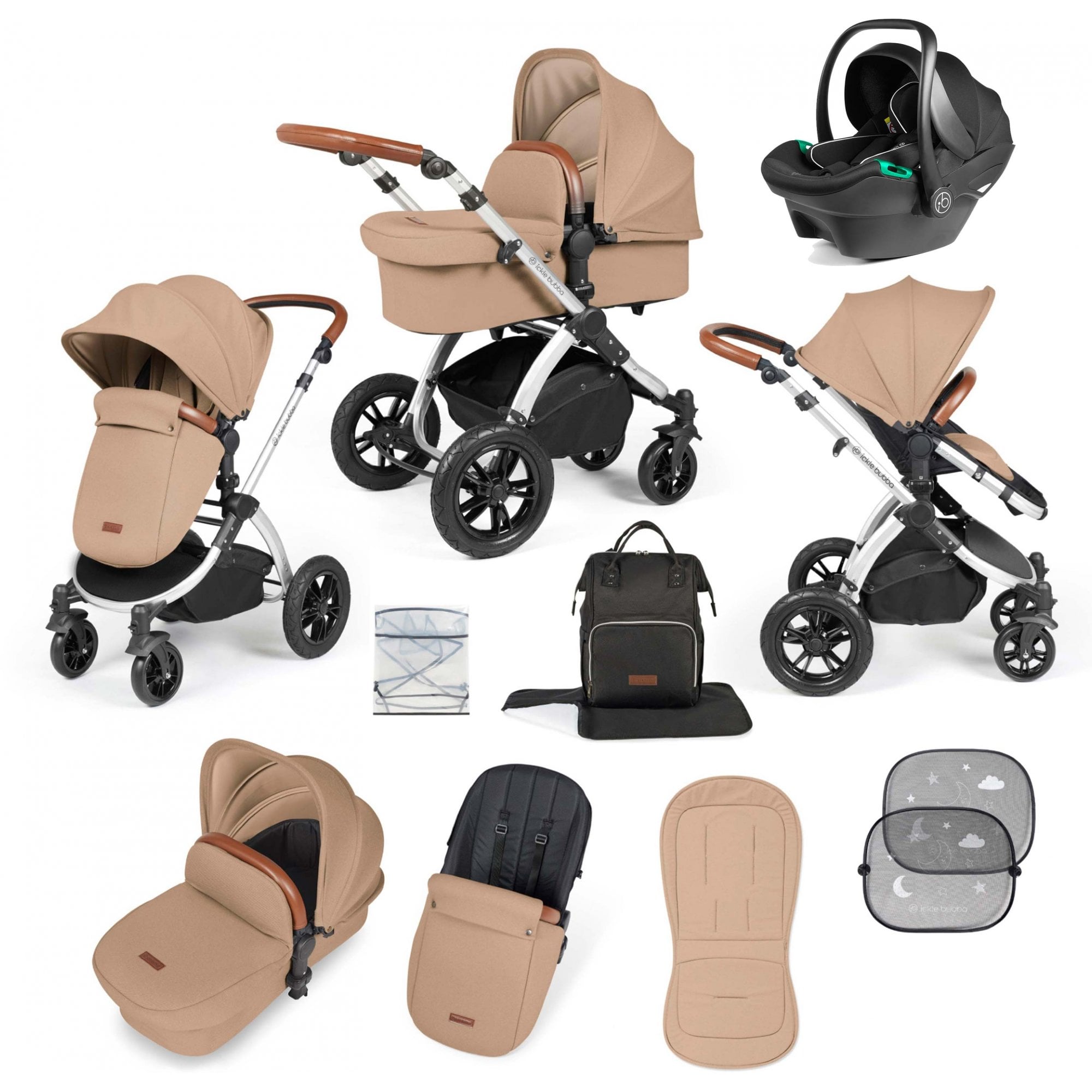Ickle Bubba Stomp Luxe 12 Piece Travel System with i-Size Stratus Car Seat & ISOFIX Base Desert