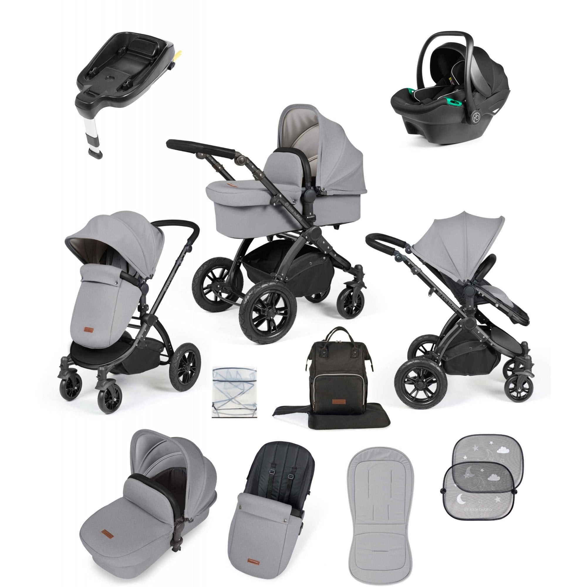 Ickle Bubba Stomp Luxe 12 Piece Travel System with i-Size Stratus Car Seat & ISOFIX Base Pearl Grey