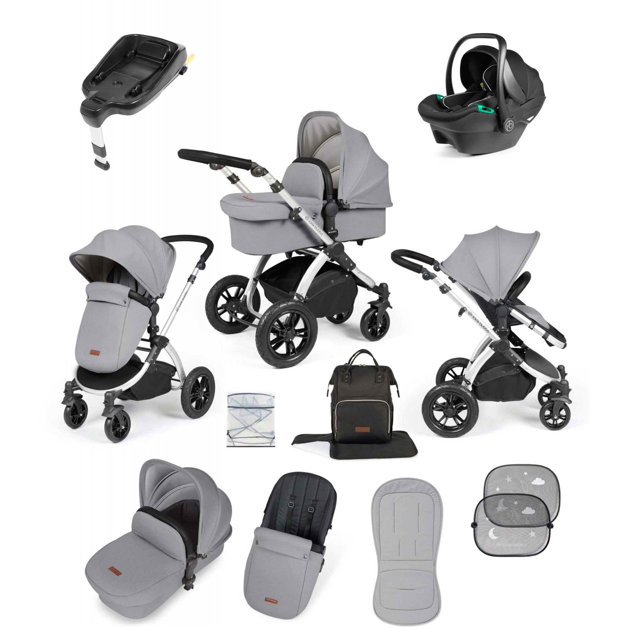 Ickle Bubba Stomp Luxe 12 Piece Travel System with i-Size Stratus Car Seat & ISOFIX Base Pearl Grey