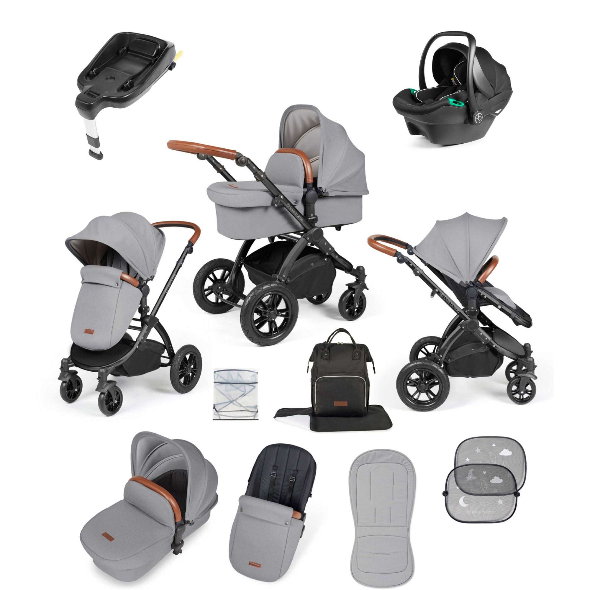 Ickle Bubba Stomp Luxe 12 Piece Travel System with i-Size Stratus Car Seat & ISOFIX Base Pearl Grey