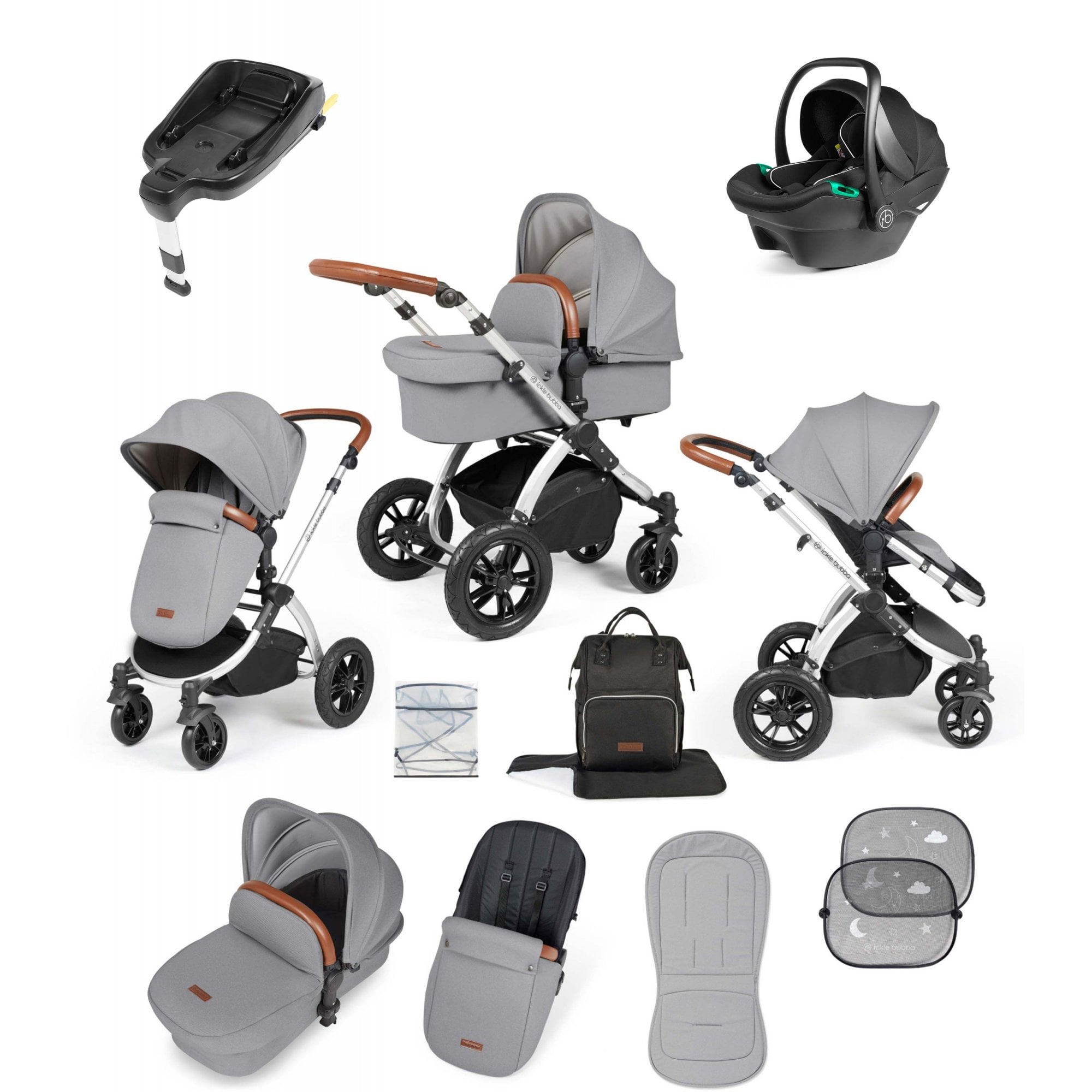 Ickle Bubba Stomp Luxe 12 Piece Travel System with i-Size Stratus Car Seat & ISOFIX Base Pearl Grey
