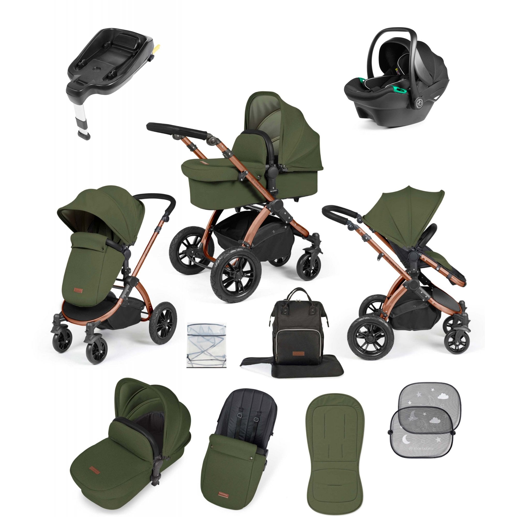 Ickle Bubba Stomp Luxe 12 Piece Travel System & i-Size Cirrus Car Seat + Base Woodland