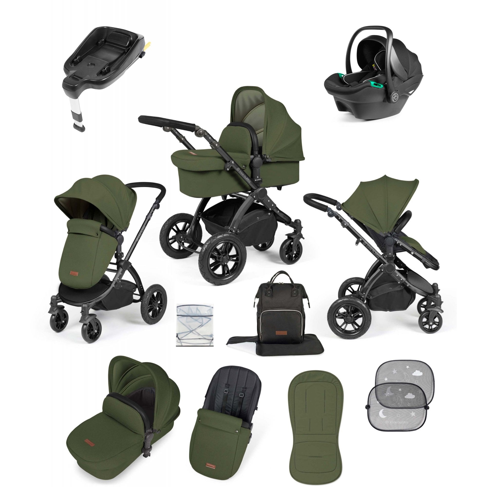 Ickle Bubba Stomp Luxe 12 Piece Travel System & i-Size Cirrus Car Seat + Base Woodland