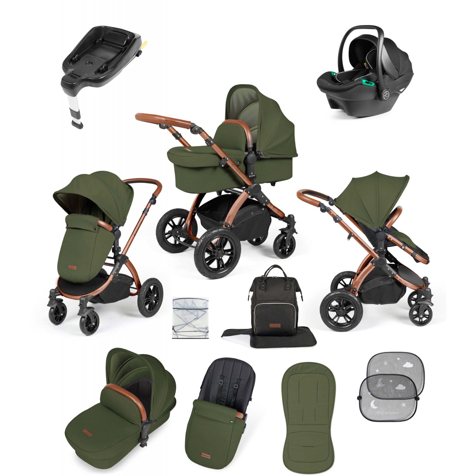 Ickle Bubba Stomp Luxe 12 Piece Travel System with i-Size Stratus Car Seat & ISOFIX Base Woodland