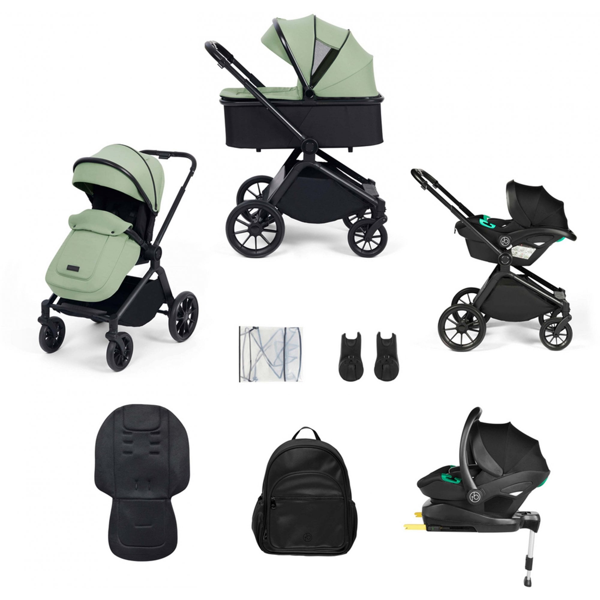 Ickle Bubba Altima 12 Piece Travel System with i-Size Stratus Car Seat & ISOFIX Base Sage Green