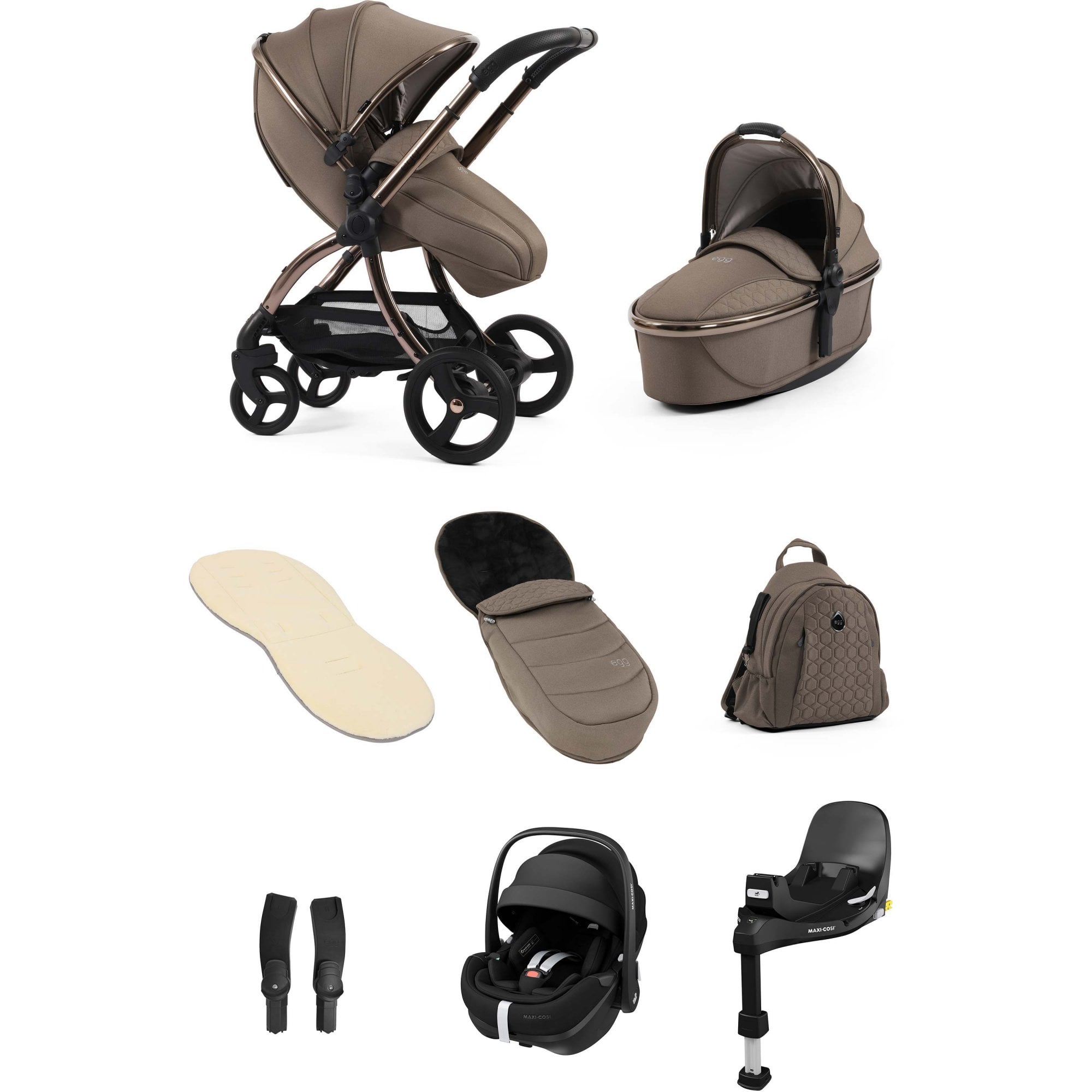 egg3® Stroller Luxury Bundle Mink + Pebble 360 PRO 2 Car Seat & Base