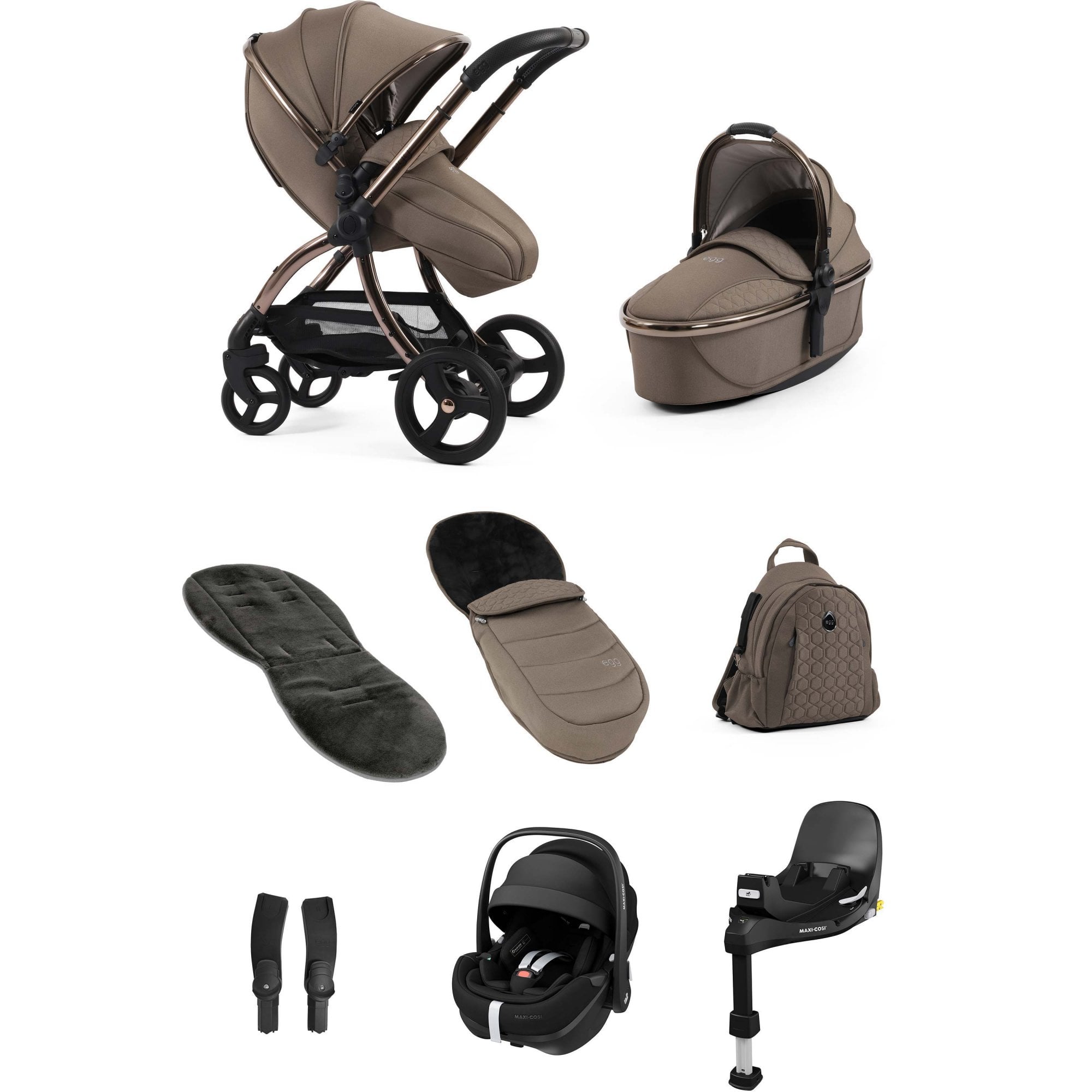 egg3® Stroller Luxury Bundle Mink + Pebble 360 PRO 2 Car Seat & Base