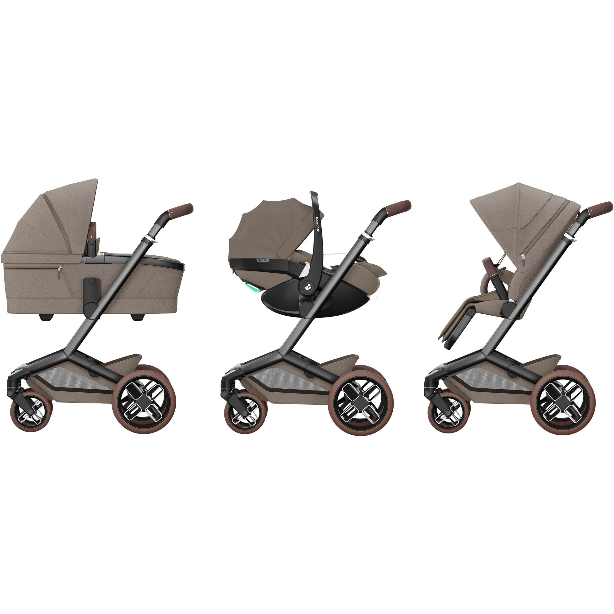 Maxi Cosi Fame 8 Piece Complete Bundle Twillic Truffle With Brown Wheels