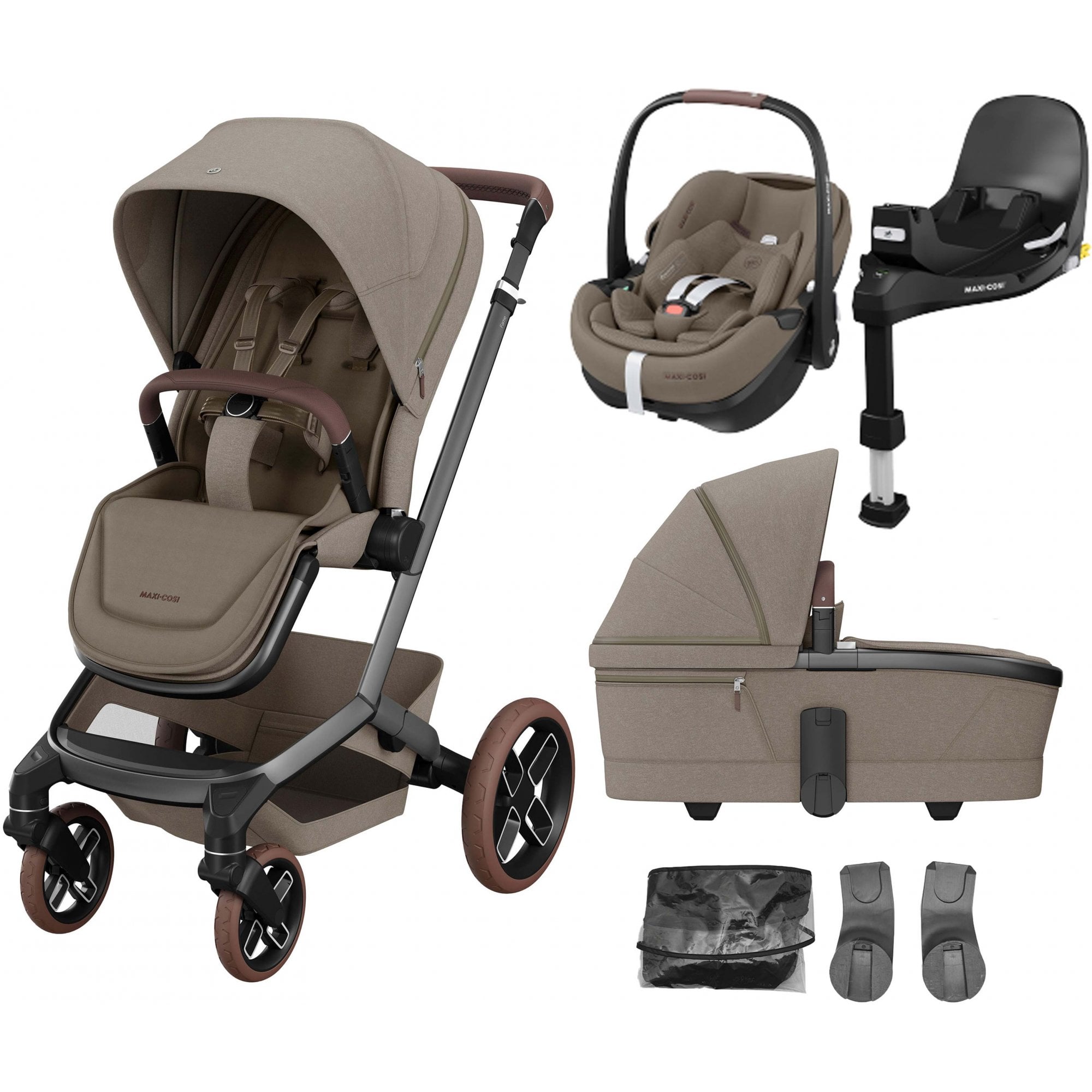 Maxi Cosi Fame Pebble 360 Pro2 Travel System Twillic Truffle With Brown Wheels
