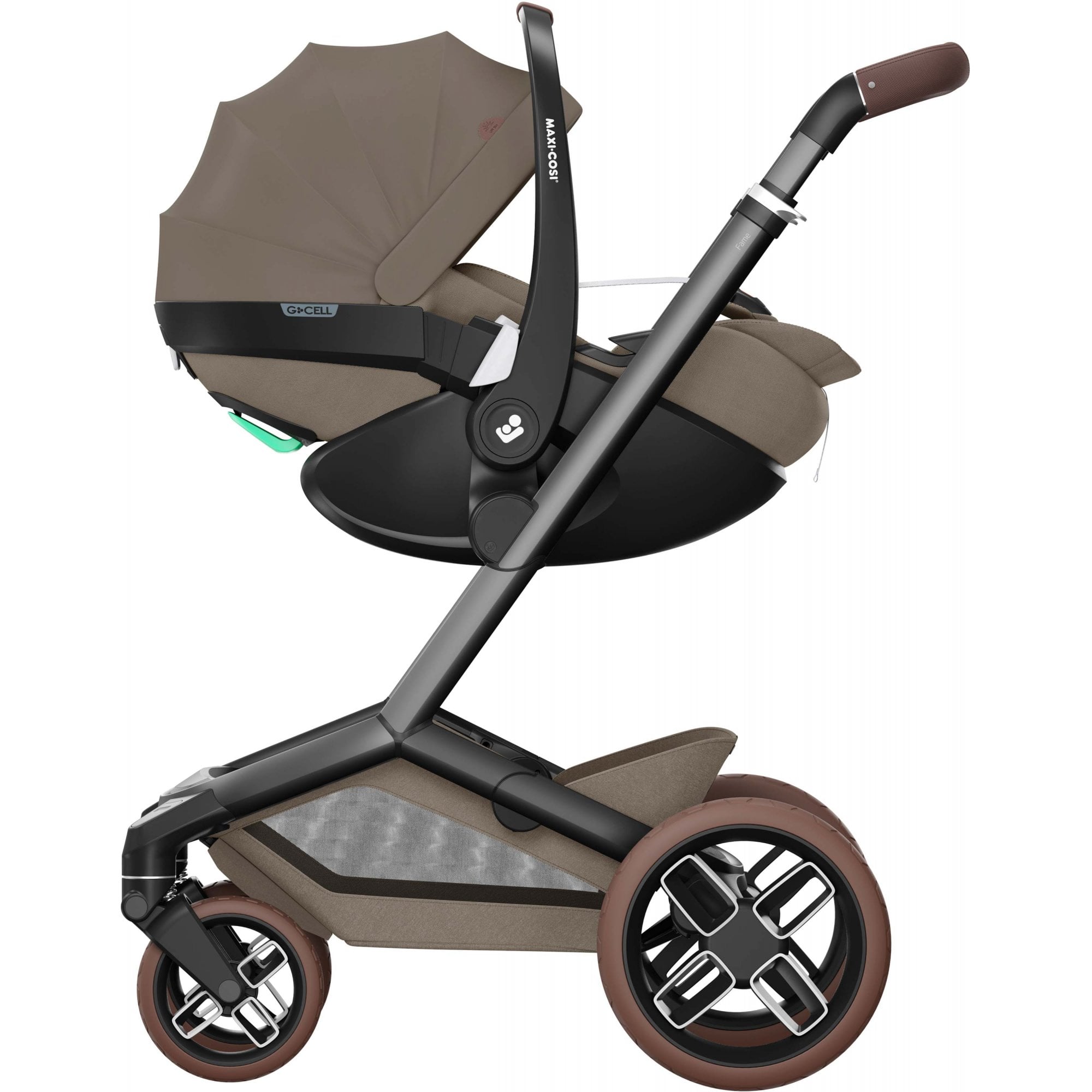 Maxi Cosi Fame Pebble 360 Pro2 Travel System Twillic Truffle With Brown Wheels