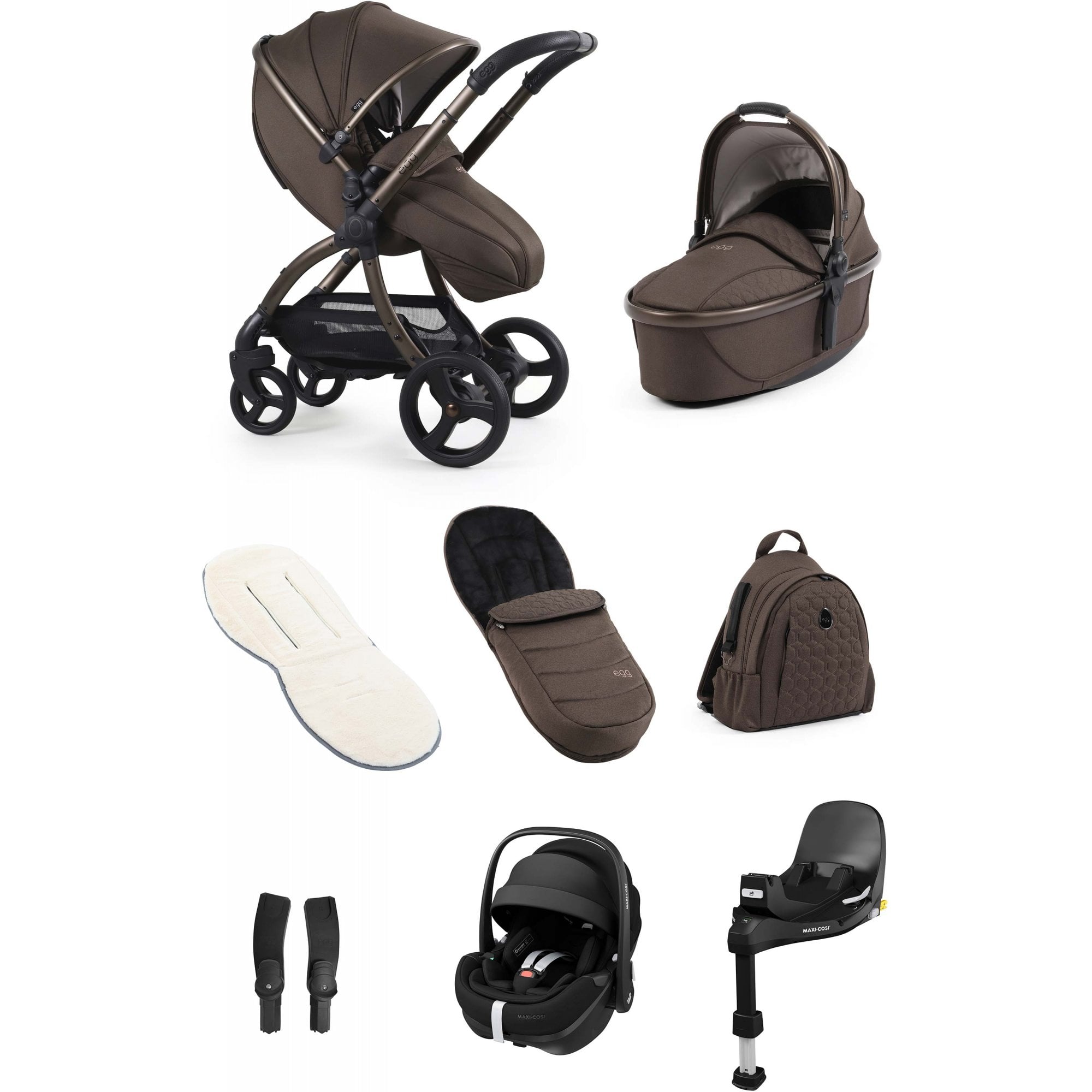 egg3® Stroller Luxury Bundle Chocolate Velvet + Pebble 360 PRO 2 Car Seat & Base