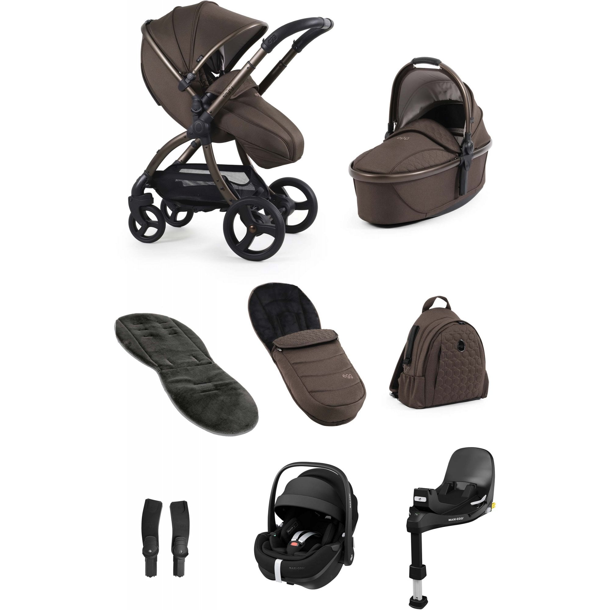 egg3® Stroller Luxury Bundle Chocolate Velvet + Pebble 360 PRO 2 Car Seat & Base