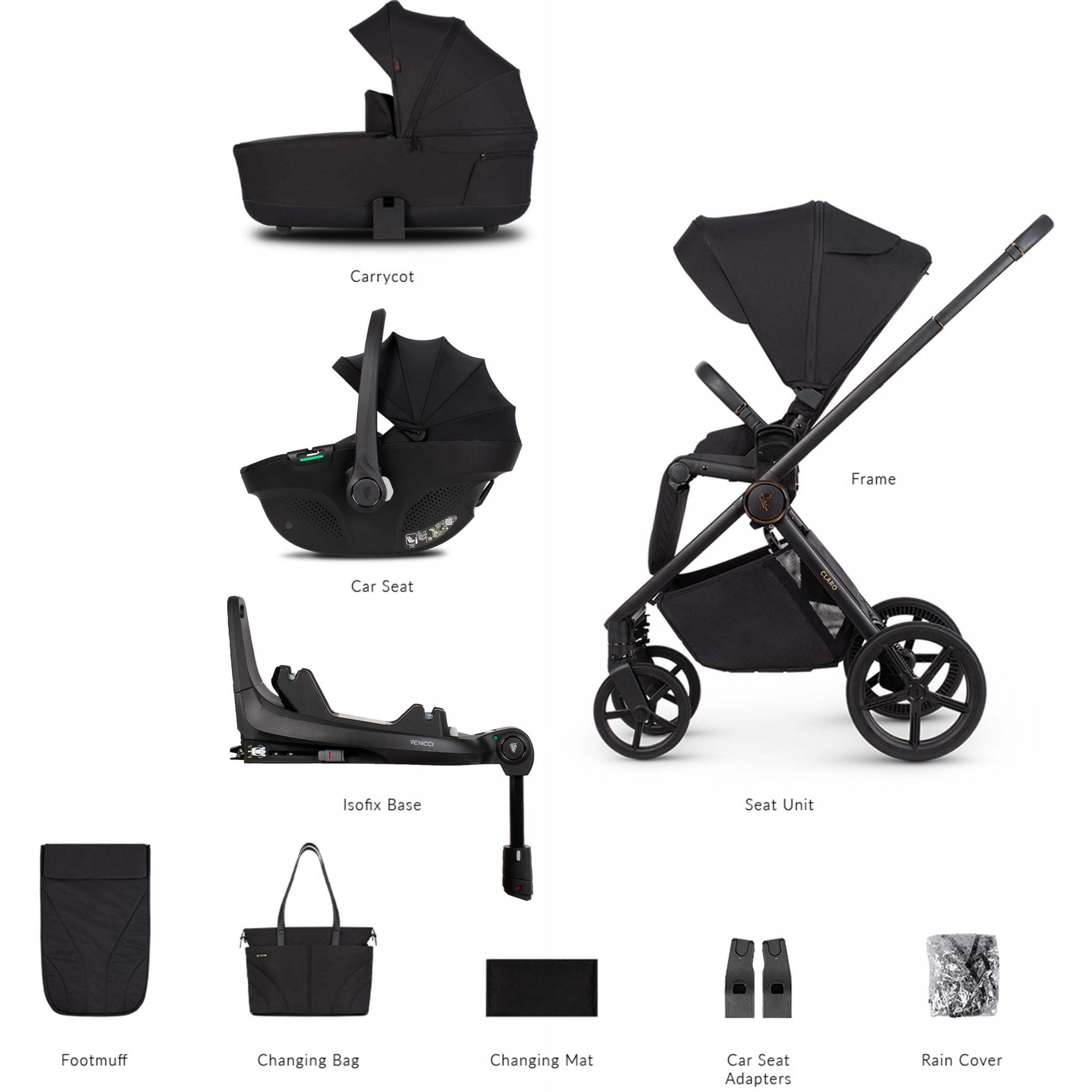 Venicci Claro 3in1 Pram & Base Noir
