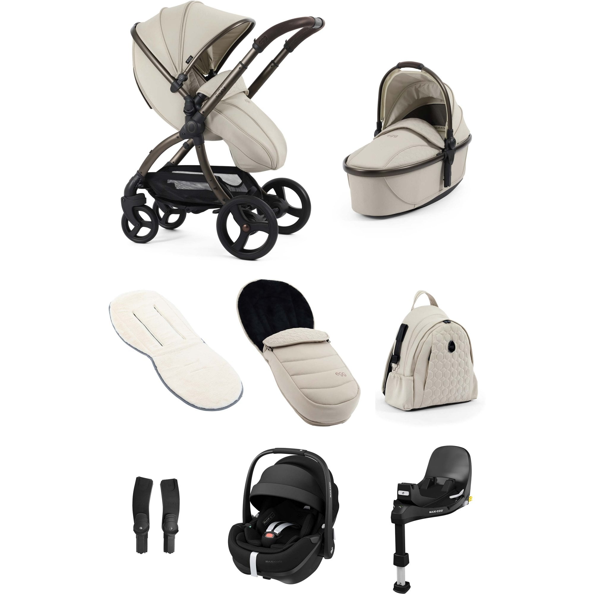 egg3® Stroller Luxury Bundle Cashmere + Pebble 360 PRO 2 Car Seat & Base